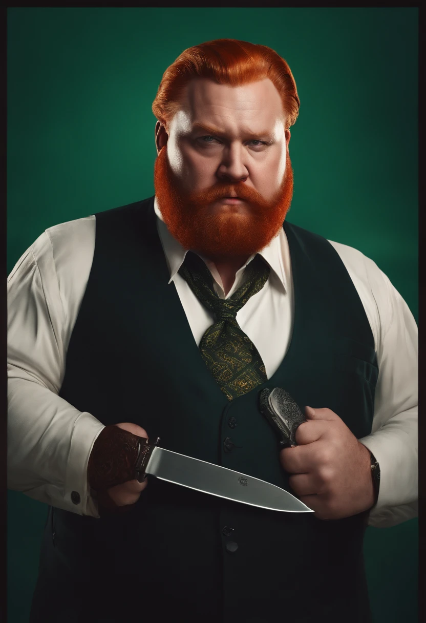 Fat Bearded Man with a Knife, Redbeard, Baron Harkonnen, reddish beard, Mafia Background Hyper Details, kingpin, kingpin, ! Baron Harkonnen!, GTA Art Style, Stocky, Rich heritage, gangster, Mafioso, Action Bronson, ((Irish)), (redhair)
