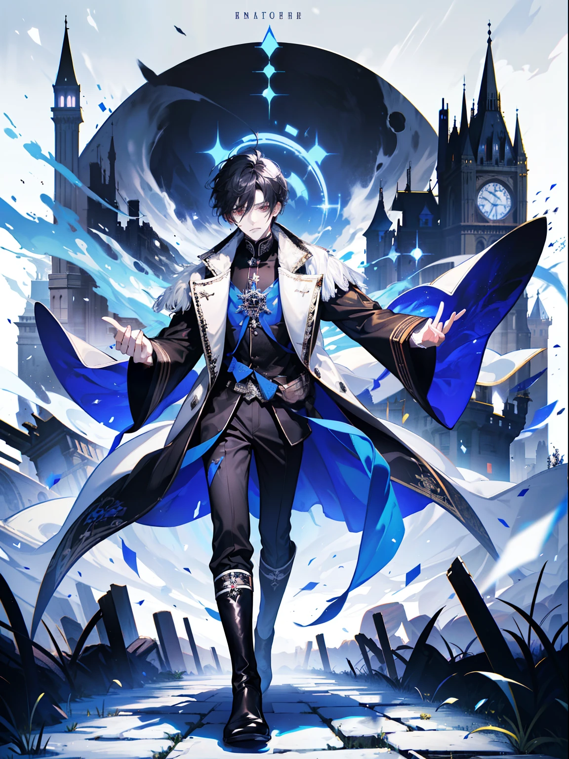 (absurd, high resolution), (panorama), a man, very handsome, flow in the sky, red eyes, short hair, black hair, smile, white trench coat, black trousers, black boots, (white magic streamer for hands), medieval wind, magic bloom, (blue magic array under the feet), ancient wind, soul ring, exaggeration, a huge castle behind, poster