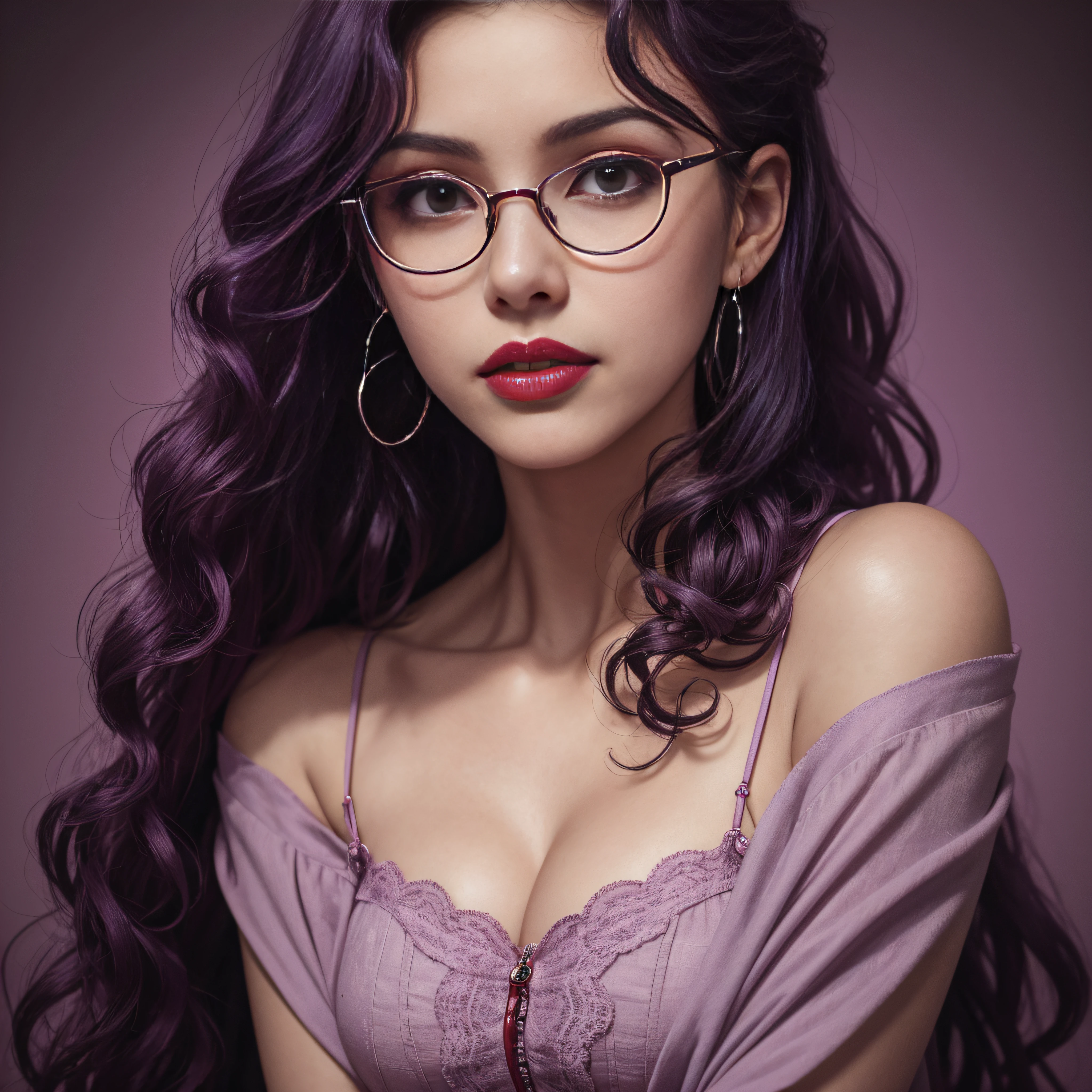 Nice young woman, ig model, render of april, (wide angle, Ganzkörperschuss, Stand:1.6), (masterpiece, professional lightning, 16K, 8k wallpaper, RAW-Foto, photorealestic: 1.8, Ultra-detail, natural, soft lighting, detailed skin, detailed face, detailled eyes, textured skin),(ultra realist).
BREAK Foto, top quality, (Ultra detailed face and eyes: 1.0) ,(Large breast: 1.2), (25 years old woman).
Nicees Mädchen mit blauen Augen, wear small round glasses,(with glasses fine round),
CHEVEUX Your hair in Spanish purple, a woman with hair, which are decorated with colorful reflections, Nicee Rothaarige mit blauen Augen, pony tail, Nice, sexly , smiling,Curly hair falls to the shoulders,a necklace, Glamour-Accessories.
the picture
((intensives Augen-Make-up, pink mascara),(detailed artificial lips)), glossy black lipstick, black lipstick, dark lipstick, sexly Lippen:5 elegant and dark lips, with shiny black lips, sexly Lippen, shiny lips, Lush lips, black lips.
PAUSE
Eyelet Plunge Neck Blouse, Sexy sleeveless ruffle top for spring and summer, Women's clothing ACCESSORIES Combine subtle accessories with silver chain bracelets and hoop earrings for an elegant touch.
Complete the look with black patent leather flats with transparent PVC inserts for graceful footwear.