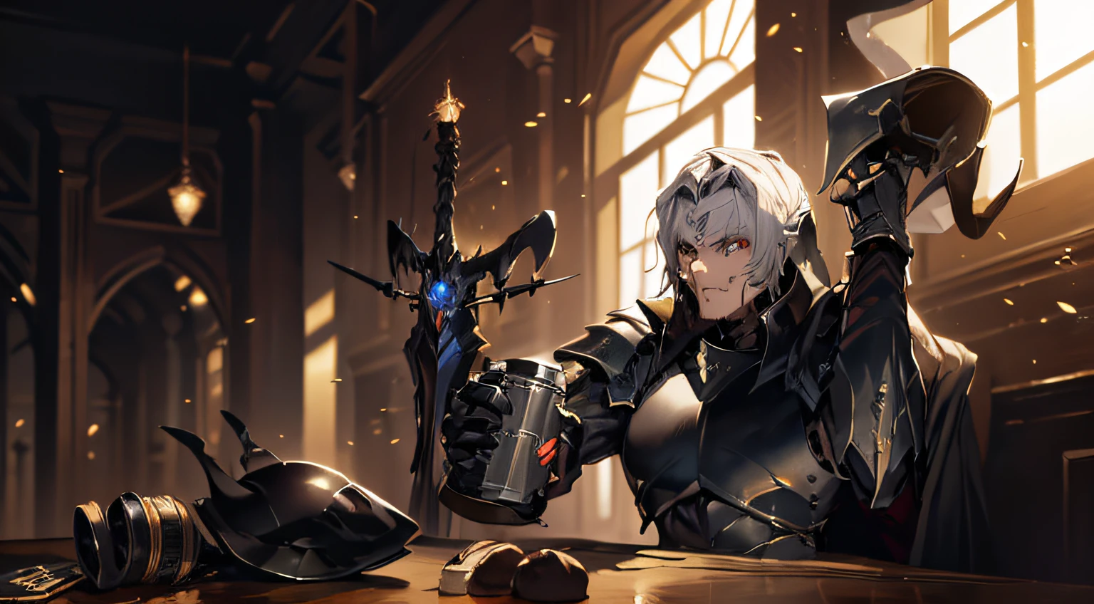 tmasterpiece,Best quality,Super fine illustration,A dark guard in black armor sits at a table in the tavern and takes off his helmet,