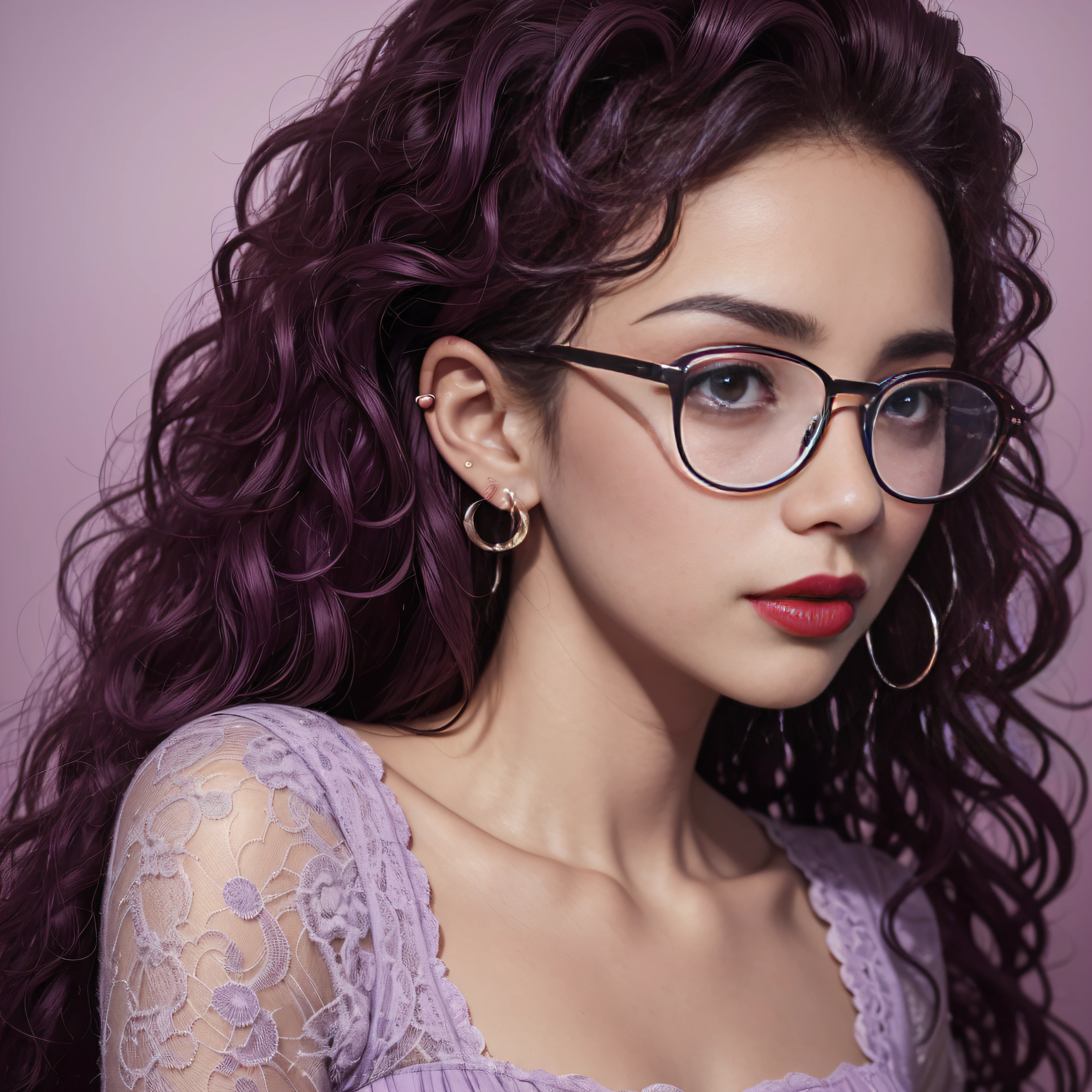 Slightly curly hair, Rimless glasses, small spots under the corners of the mouth,, / Beware of lilac earrings, slightly closed mouth, Red lips, surrealism, high detailing, Strong Chiaroscuro, film graininess, the panorama, The ultra -The high-definition, precise, Textured skin. --auto