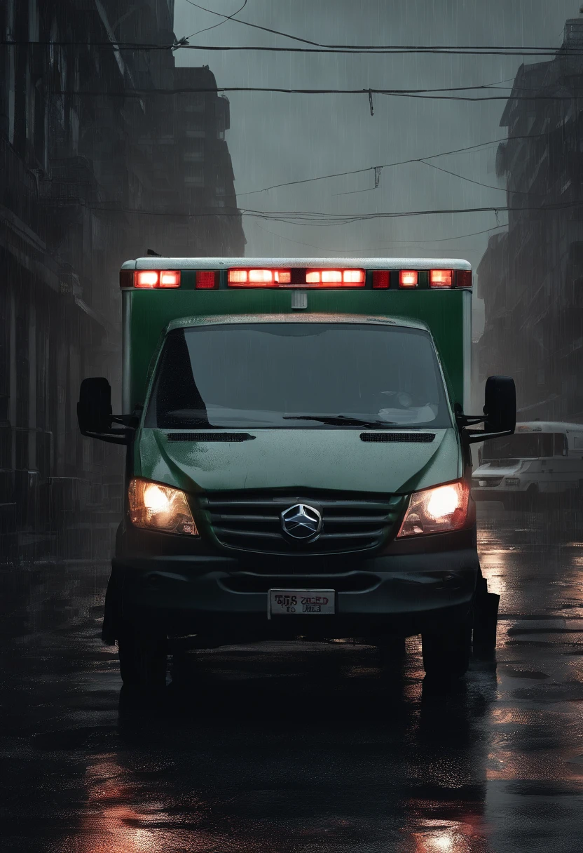 An ambulance on a rainy night, with the dark and stormy sky, a chuva batendo violentamente no para-brisa, criando um efeito distorcido. The interior of the ambulance is gloomy, with dim lights that cast menacing shadows
