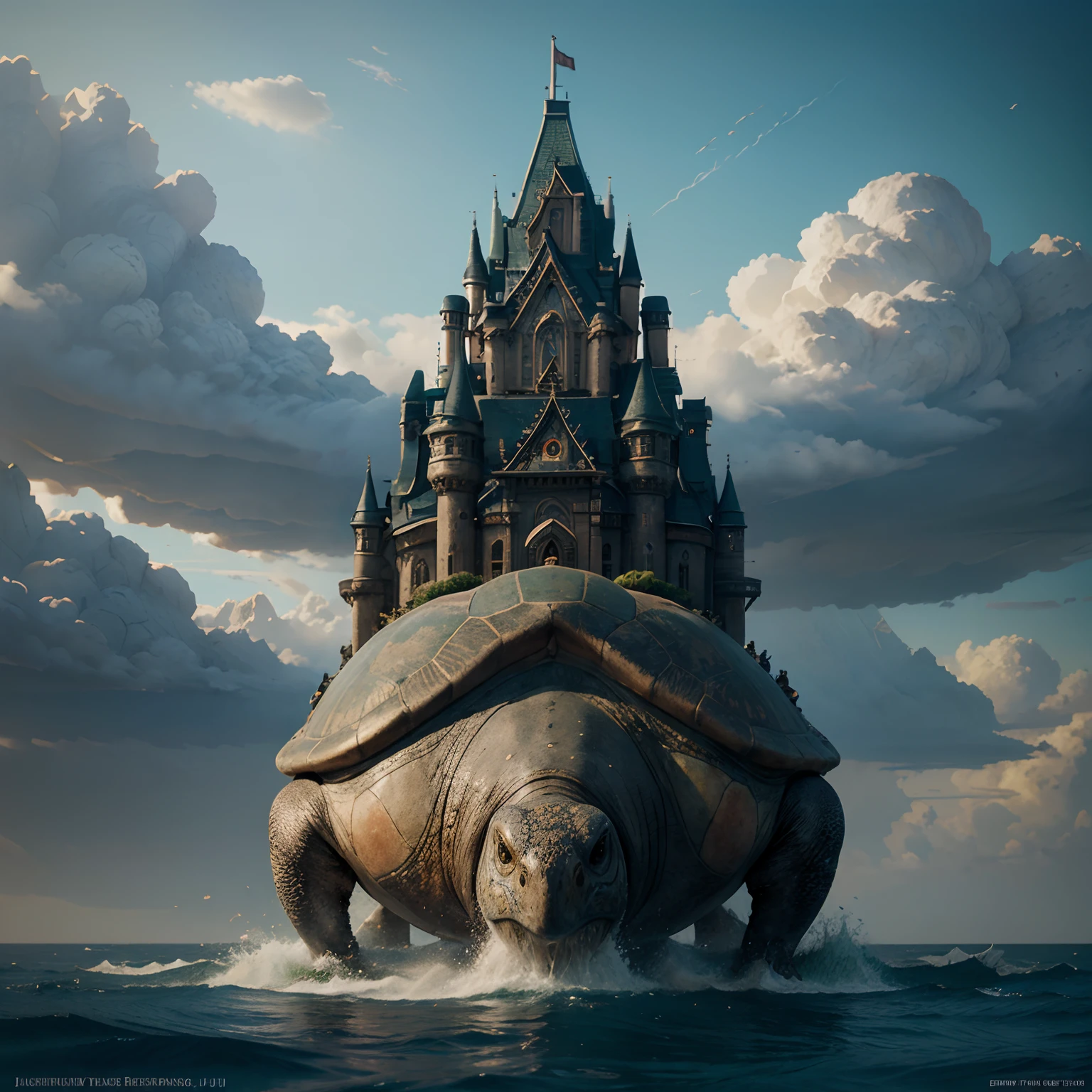 A giant turtle with a castle on its back, highly detailed fantasy art, ross tran and wlop, great leviathan turtle, author:Jeremy Chang, A beautiful artwork illustration, Beautiful digital artwork, by Yang J, Realistic fantasy illustration, ross tran and michael whelan