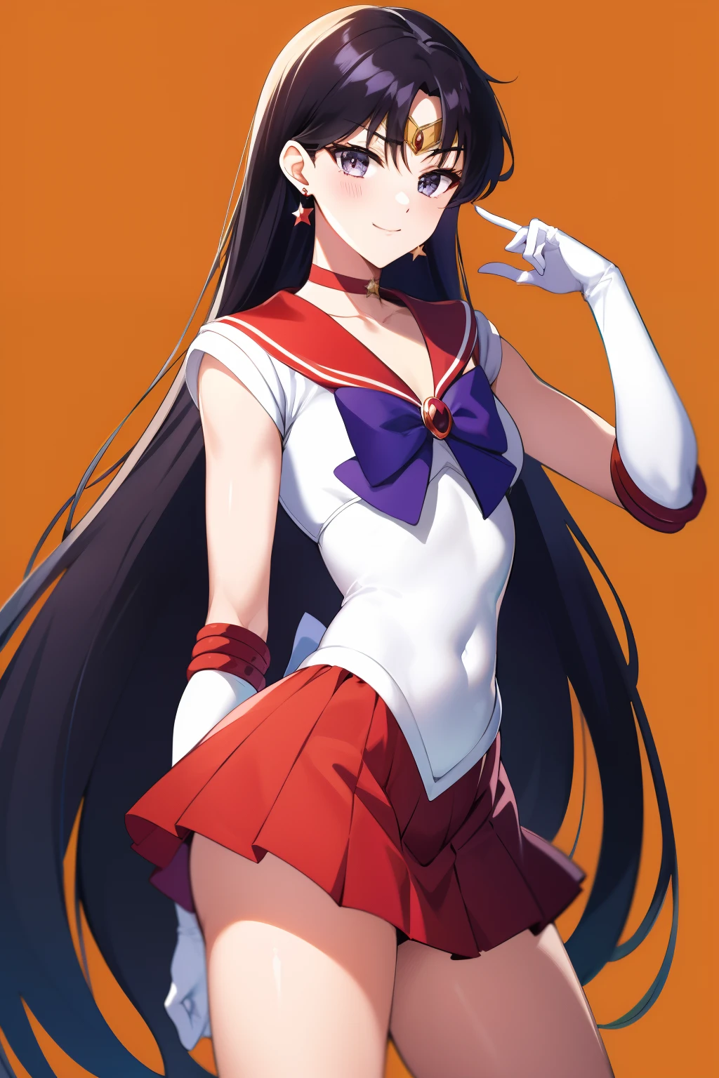 Anime Boy, Cool boys, gender change, gender change(Female to Male), Sailor Senshi Uniform, Rei Hino, jewelry, Sailor Mars, solo, skirt, 耳Nipple Ring, Red sailor collar, rating:safe, A boy with very long black hair, white glove, a red skirt, elbowgloves, Magical Boy, bow, pleatedskirt, smile, back_bow, circlet, a red choker, cowboy_shot, looking_at_viewer, a miniskirt, covered_navel, leotard, White leotard, robe blanche, Boy with Purple Eyes, Boy standing, Blue-eyed boy, shiny, Blue ribbon on chest, collarbone, bangs, shiny_hair, closed_mouth, orange_background, Star earrings, star_(symbol), bare legs, Bare shoulders