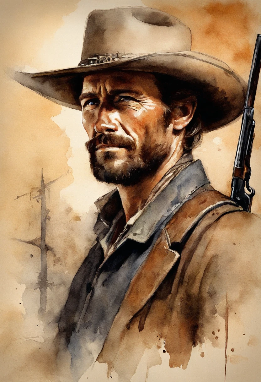 A gunslinger from the Old West, with a determined look and a gun in his hand. The image is inspired by the works of Clint Eastwood, such as "The Lone Gunslinger" and "The Good, the Bad and the Ugly". The gunslinger must have an air of mystery and danger, as if about to face a deadly duel. Colors must be vibrant and contrasting,
like those of Alphonse Mucha. The details must be delicate and complex, such as Mucha's. The strokes should be thick and almost erased, such as street art prints. The lines that delimit shapes should privilege more gross and straight angles.