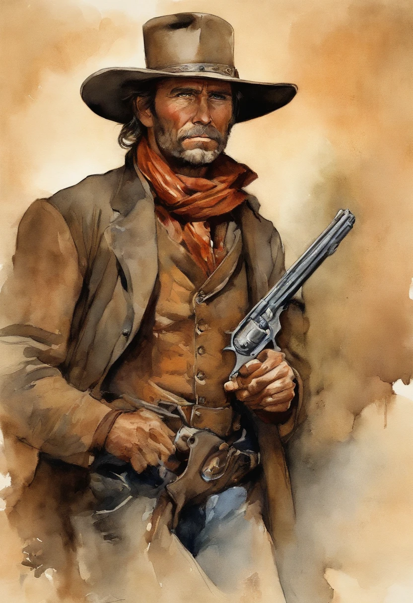 A gunslinger from the Old West, with a determined look and a gun in his hand. The image is inspired by the works of Clint Eastwood, such as "The Lone Gunslinger" and "The Good, the Bad and the Ugly". The gunslinger must have an air of mystery and danger, as if about to face a deadly duel. Colors must be vibrant and contrasting,
like those of Alphonse Mucha. The details must be delicate and complex, such as Mucha's. The strokes should be thick and almost erased, such as street art prints. The lines that delimit shapes should privilege more gross and straight angles.