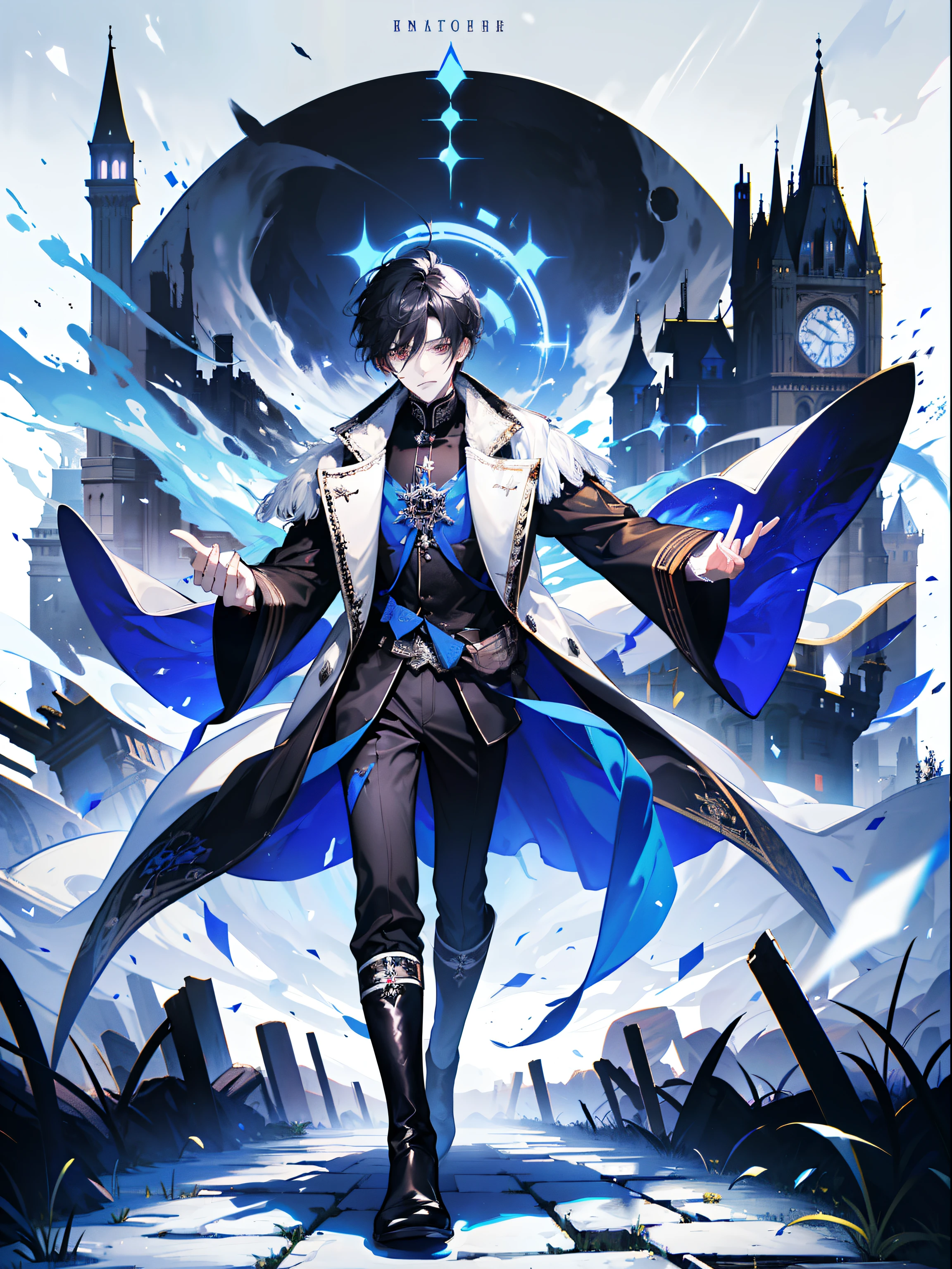 (absurd, high resolution), (panorama), a man, very handsome, flow in the sky, red eyes, short hair, black hair, smile, white trench coat, black trousers, black boots, (white magic streamer for hands), medieval wind, magic bloom, (blue magic array under the feet), ancient wind, soul ring, exaggeration, a huge castle behind, poster