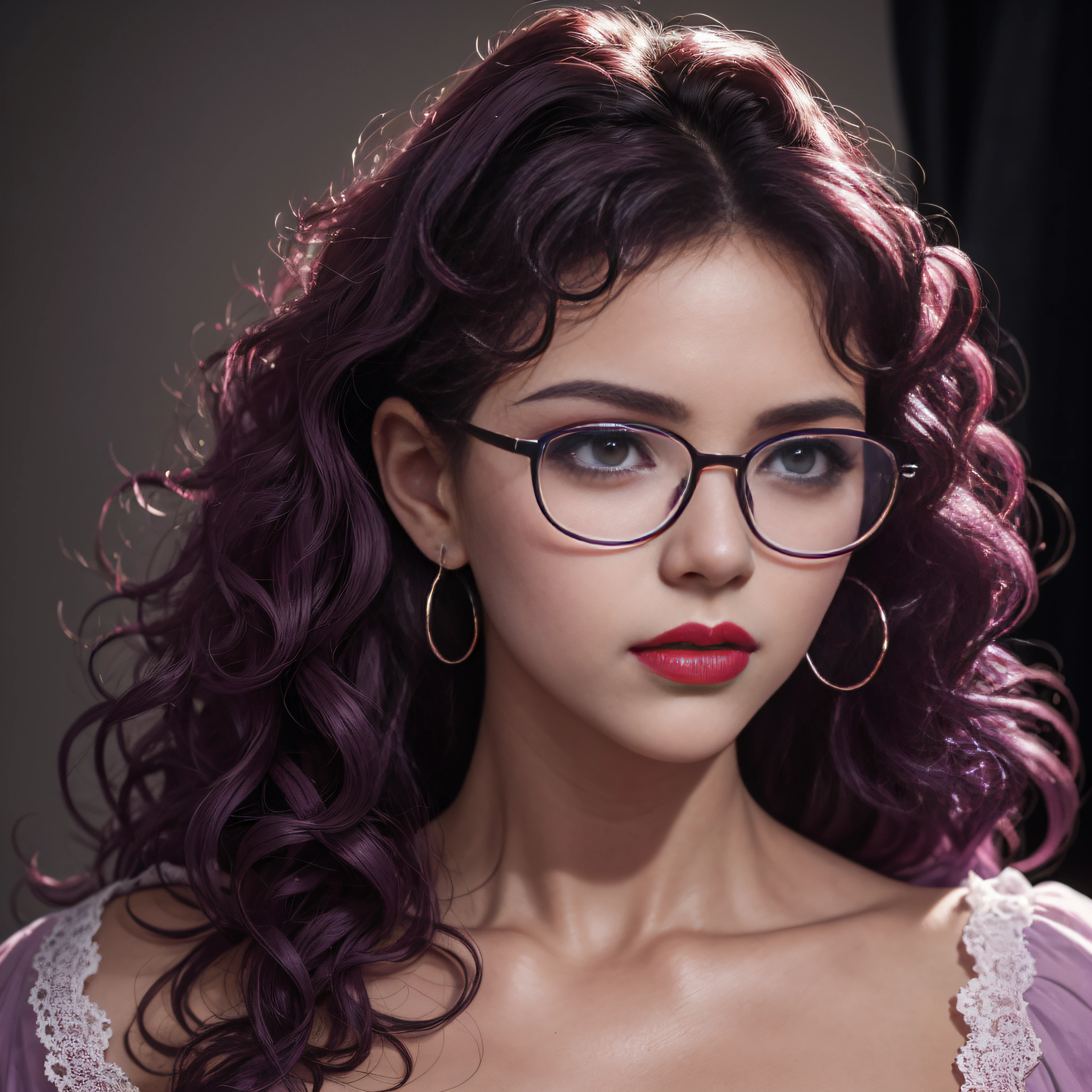 Slightly curly hair, Rimless glasses, small spots under the corners of the mouth,, / Beware of lilac earrings, slightly closed mouth, Red lips, surrealism, high detailing, Strong Chiaroscuro, film graininess, the panorama, The ultra -The high-definition, precise, Textured skin. --auto