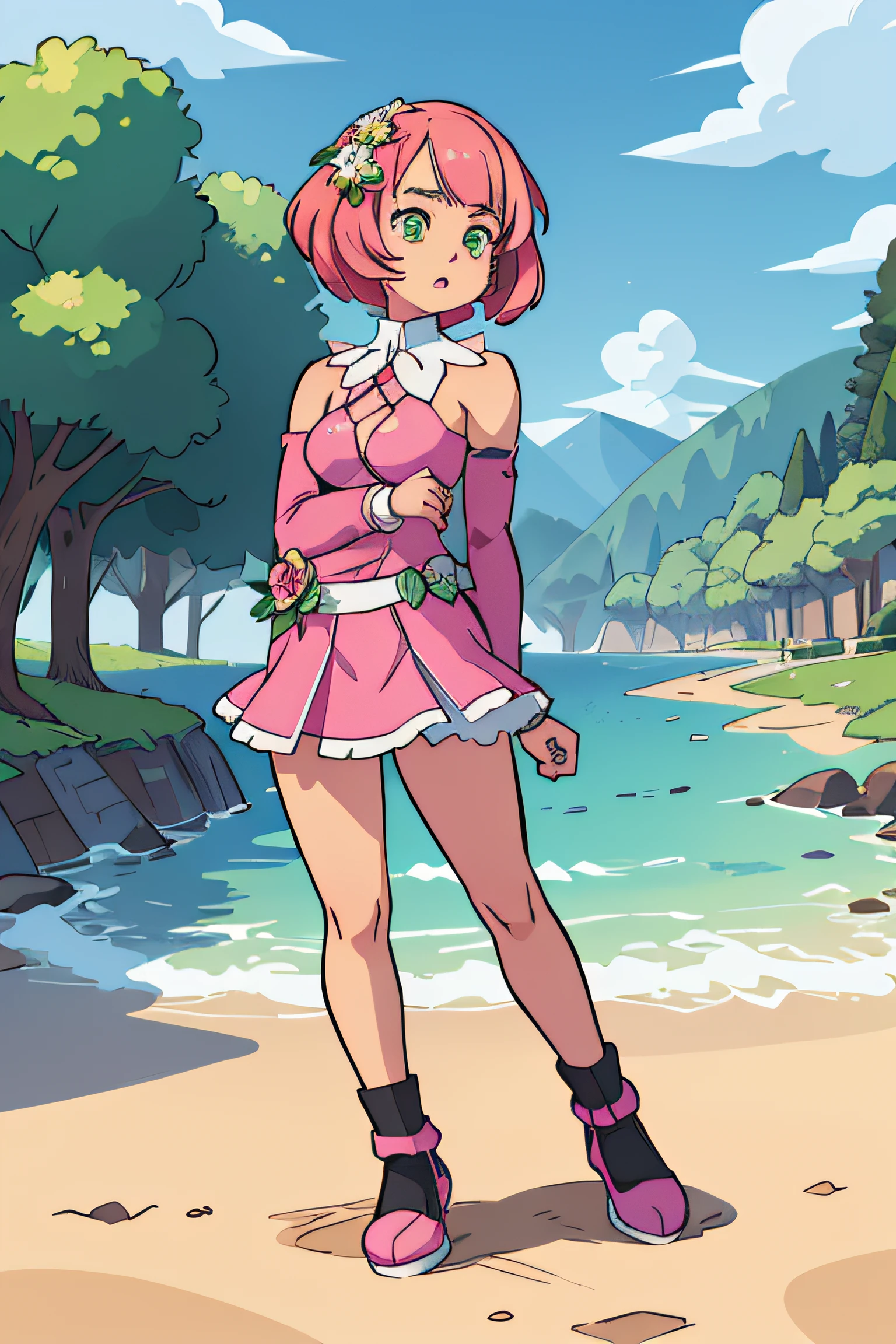 masterpiece, best quality, norne, pink bikini, pink skirt, thigh strap, smile, hand up, v sign, open mouth, looking at viewer, field, lake masterpiece, best quality