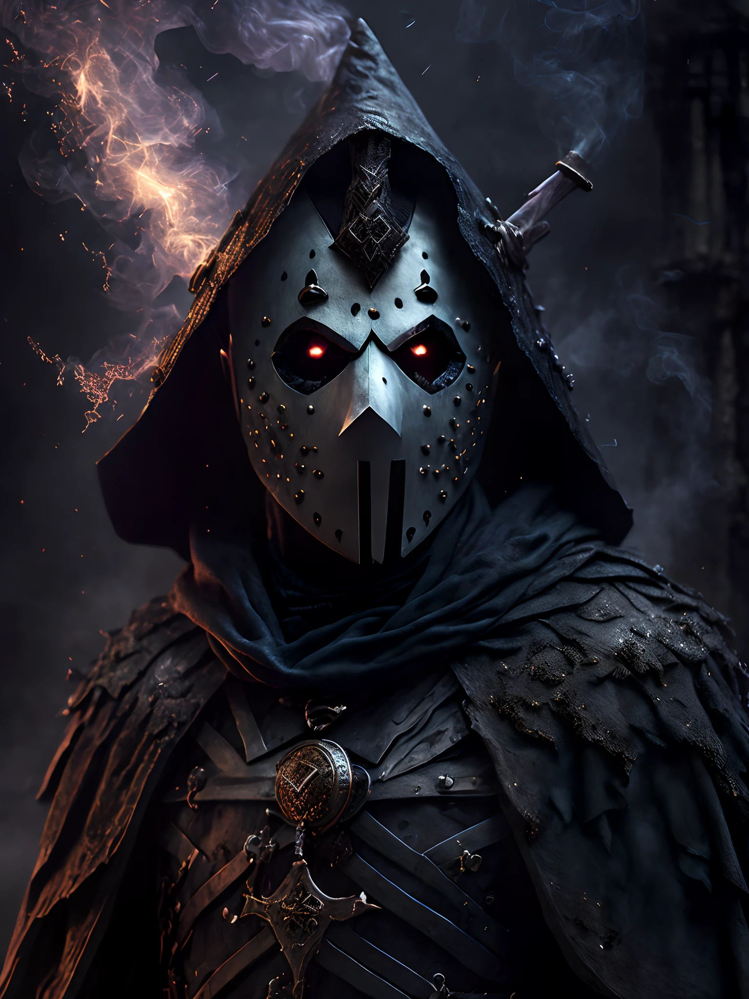 Close-up ( Jason Vorhees wearing a witch costume from Friday 13th in Goth style: 1.3) emerging from the witches castle, extremely detailed, smoke, sparks, metal shavings, flying debris, volumetric light
