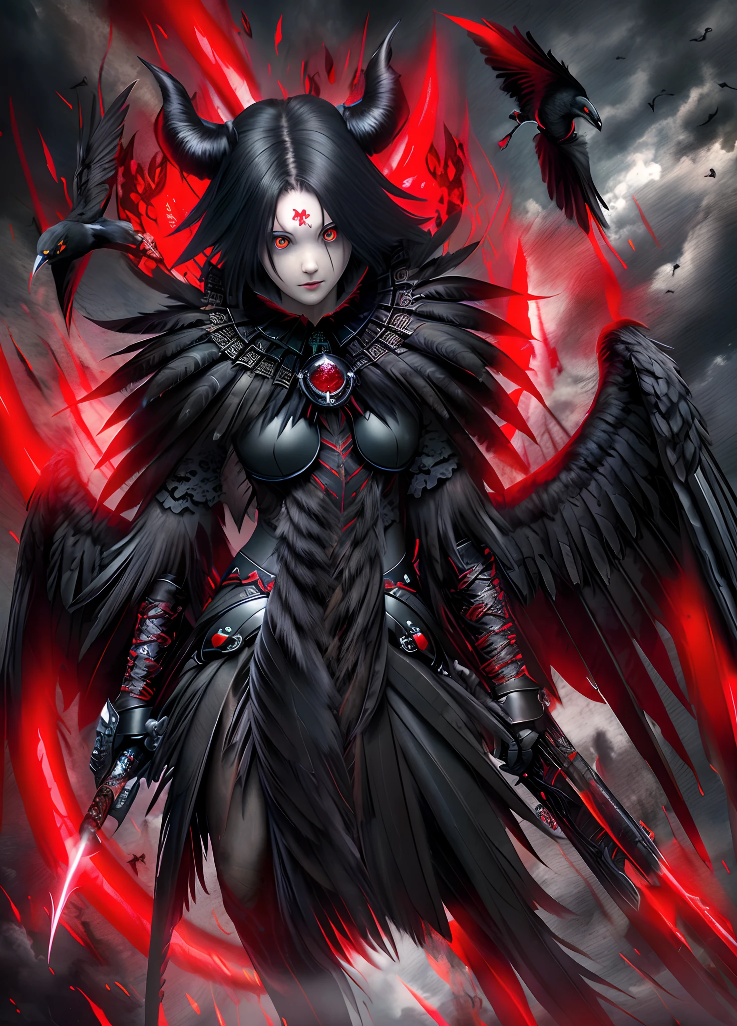 Man, Rise, Looking Up, Masterpiece, Best Quality, hight resolution, 独奏, raven,feathers , red eyes, malicious, Scary background, bird, demon, Bloody Backstory,