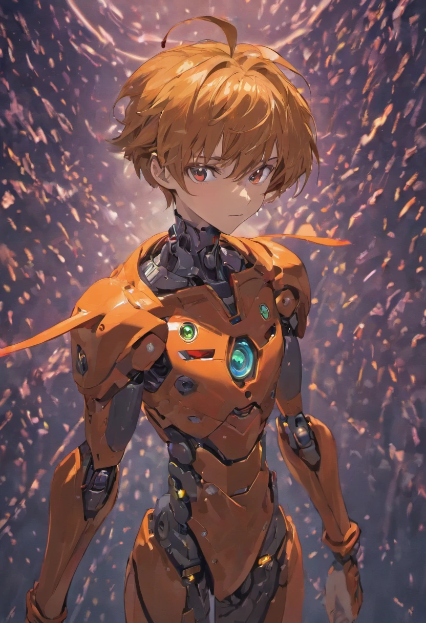 masterpiece, best quality, ultra-detailed, illustration, 1boy, highly detailed evangelion costume, (large robot background), detailed skin texture, beautiful detailed face, intricate details, ultra detailed