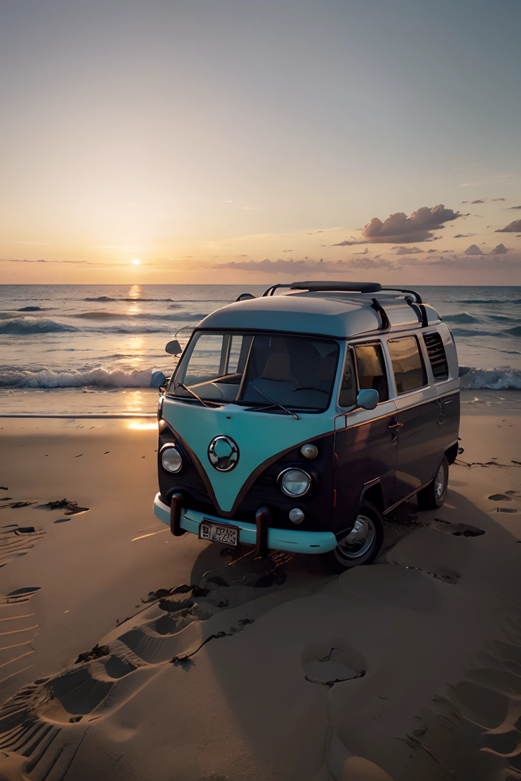 kombi illustration, sunset on the beach, background inside a circle, 4k