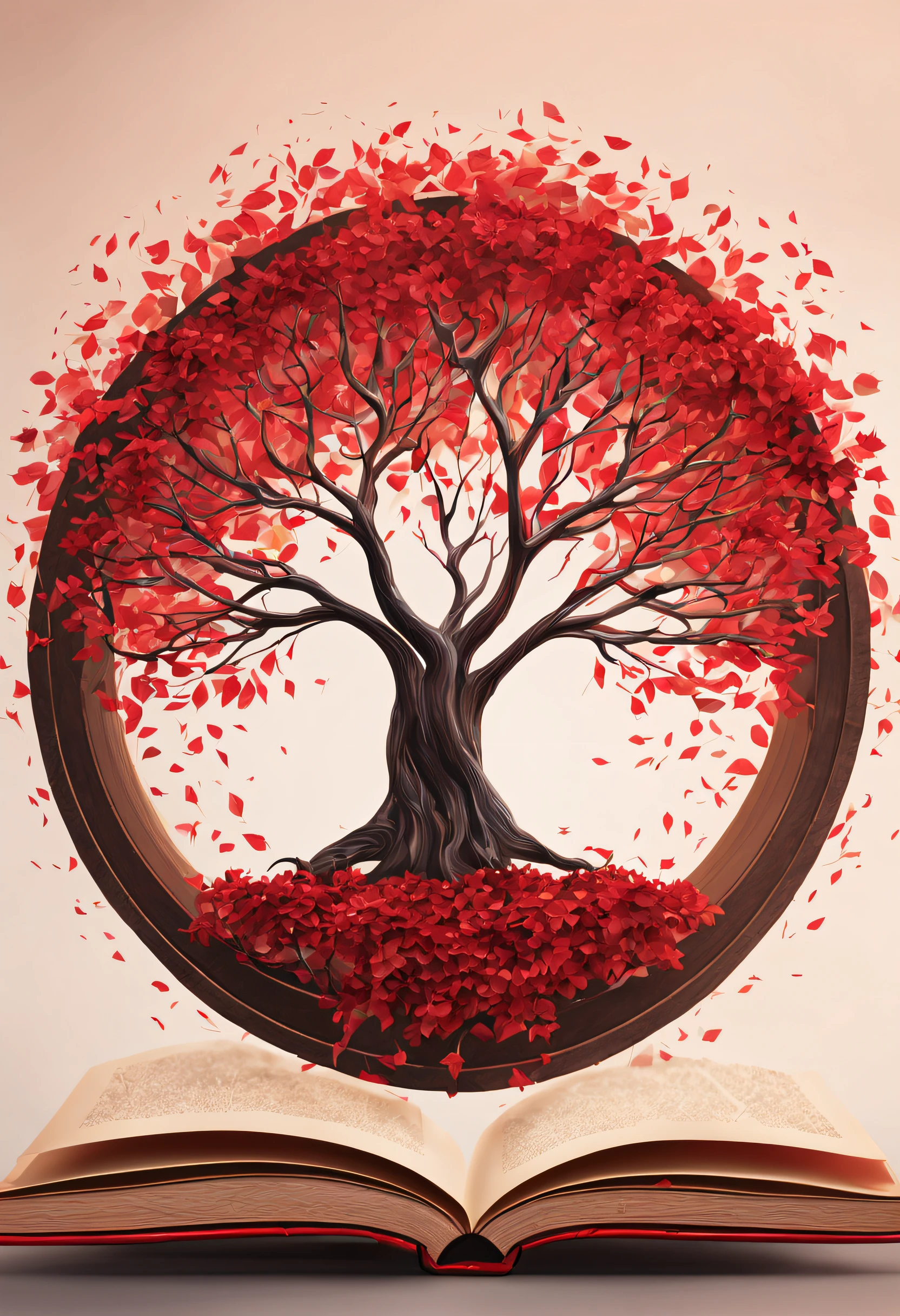 Generate a circular logo with a tree with red leaves sprouting from a closed book. Apply an abstract and modern art style with a symmetrical composition. Set the scene in a mysterious and magical environment. Describe the image by focusing on harmonious color schemes and emphasizing texture details.