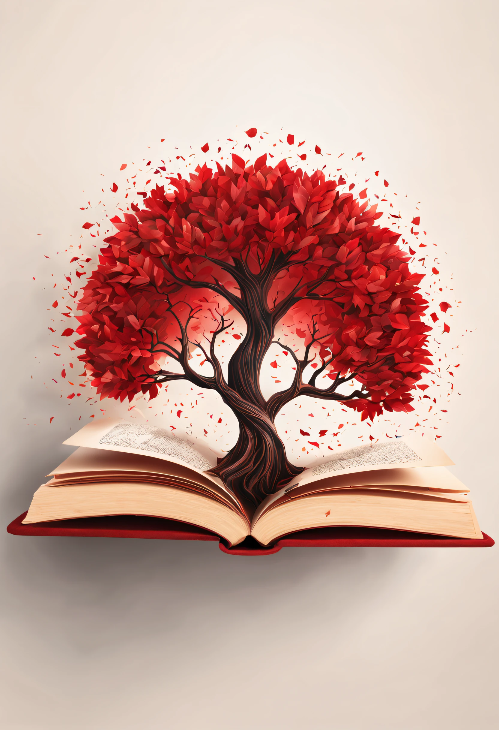 Generate a circular logo with a tree with red leaves sprouting from a closed book. Apply an abstract and modern art style with a symmetrical composition. Set the scene in a mysterious and magical environment. Describe the image by focusing on harmonious color schemes and emphasizing texture details.
