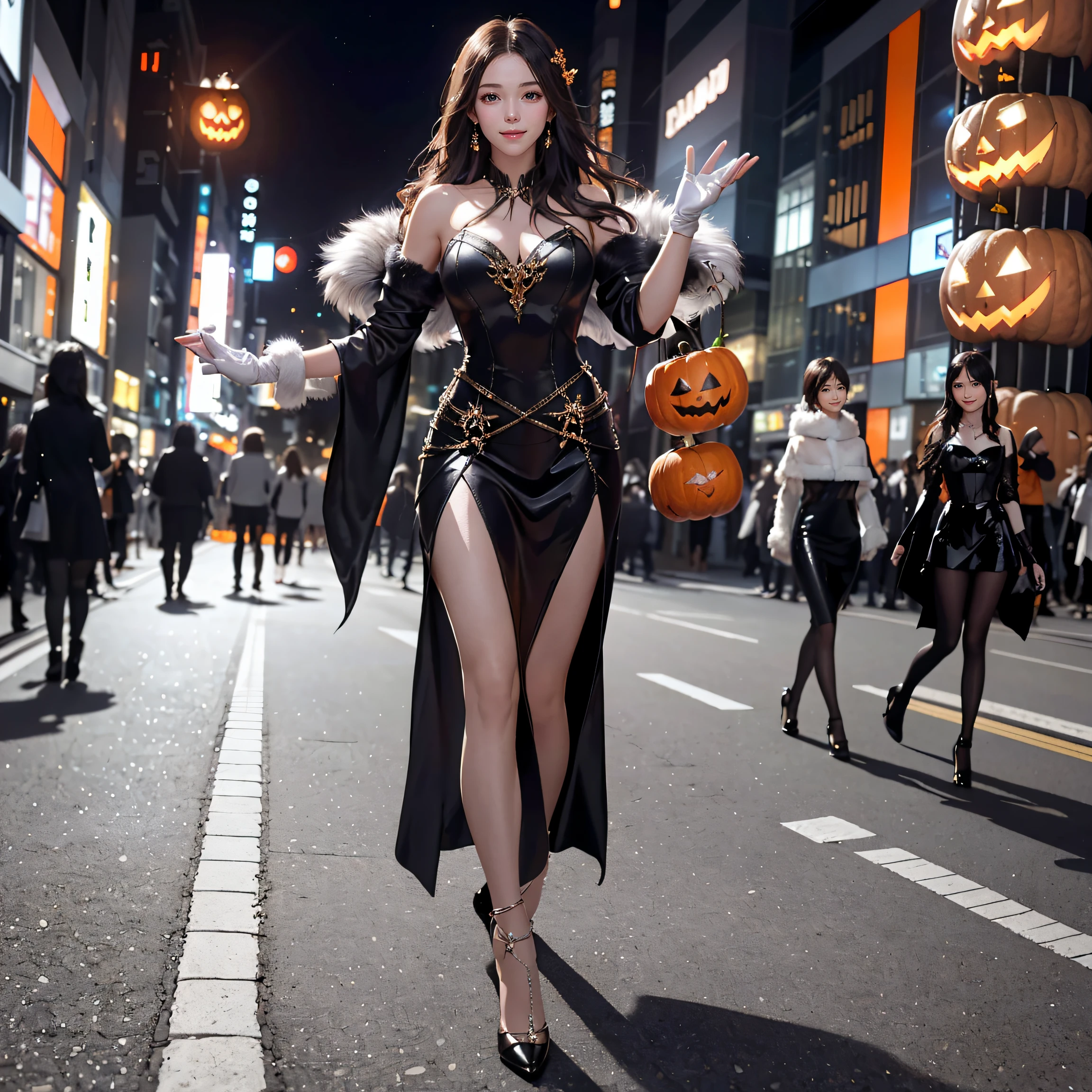 masterpiece, top-quality, top-quality, Beautifully Aesthetic:1.2, ((1girl)), Halloween night, ((Wearing a high-quality costume of fur of cat, gloves of cat, cat paw-shaped shoes, fur miniskirt):1.2), (Silver pin heels:1.1), high detailed, (Standing with paw pose:1.3), large breasts, firm breast, nicely shaped breasts, slender figure,
((Dark Brown Hair)), wavy hair, (medium long hair:1.2),
((in the middle of very crowded Shibuya's scramble crossing at late night:1.2)), ((Surrounded by many people wearing Halloween costumes:1.2)), (Full body shot:1.1), (From below),