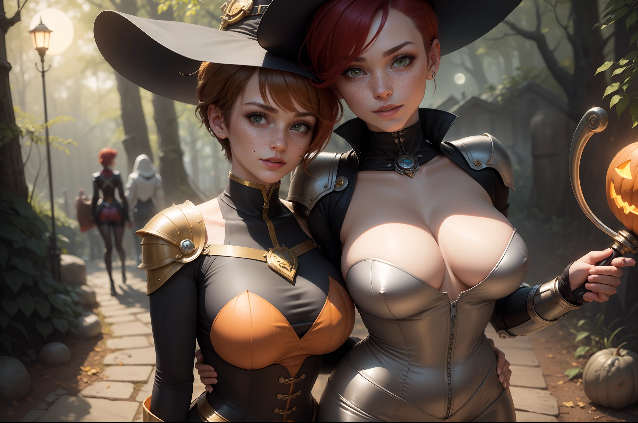 gwen tennyson,tracer,gogo tomago, rebecca chambers,dragon's crown, atelier ryza,1girl,close up,mecha pilot,halloween forest,gold and orange plugsuit,hair pin,pirate corset,silver long sleeve lycra top,steel leggings,short hair,cute makeup, green eyes,red and gold hair,shy smile, freckles,redhead,beautiful girl,large breasts,ultra detailed,realistic,fantasy art,bodycon dress,steel armor,halloween pumpkin,moonlight,witch cloak,neck and head jewelry,witch hat,witch staff,
