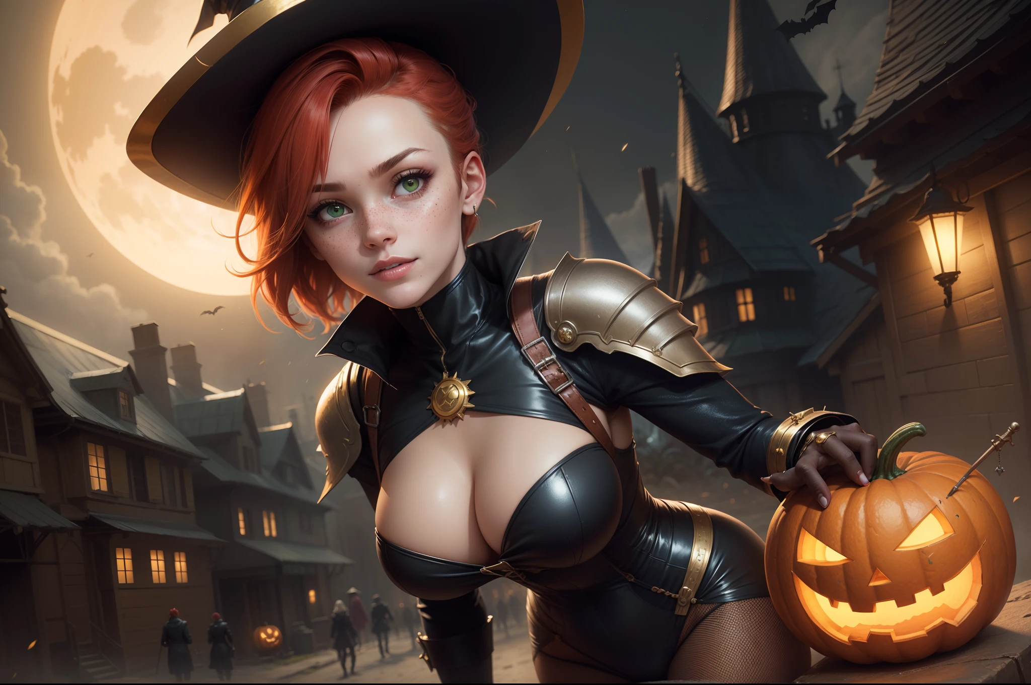 gwen tennyson,tracer,gogo tomago, rebecca chambers,dragon's crown, atelier ryza,1girl,close up,mecha pilot,halloween forest,gold and orange plugsuit,hair pin,pirate corset,silver long sleeve lycra top,steel leggings,short hair,cute makeup, green eyes,red and gold hair,shy smile, freckles,redhead,beautiful girl,large breasts,ultra detailed,realistic,fantasy art,bodycon dress,steel armor,halloween pumpkin,moonlight,witch cloak,neck and head jewelry,witch hat,witch staff,