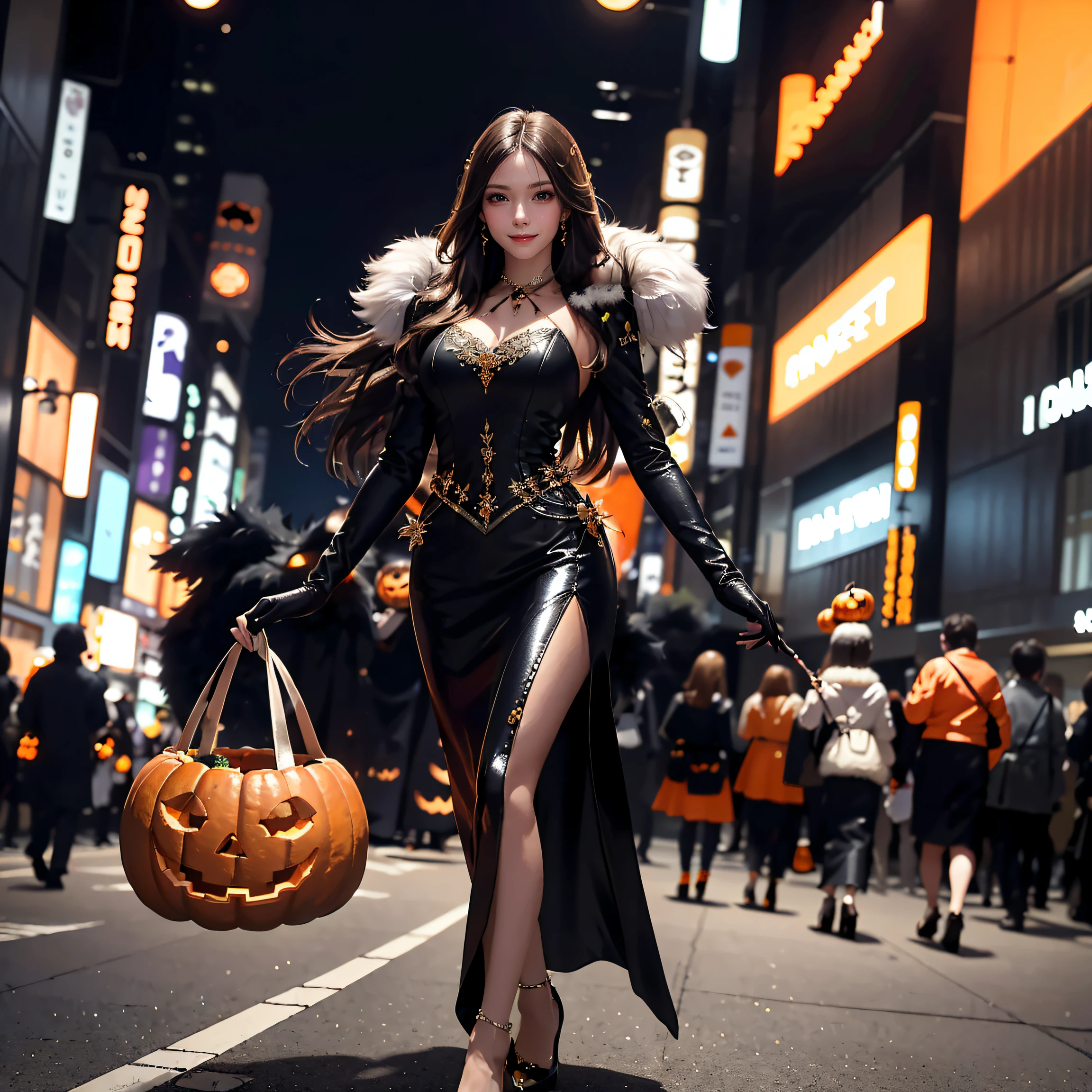 masterpiece, top-quality, top-quality, Beautifully Aesthetic:1.2, 1girl, Halloween party night, ((Wearing a high-quality Sexy dress of fur, high-quality gloves, pin heels, shiny slit skirt):1.2), high detailed, (Walking with reaching out one hand:1.3), large breasts, firm breast, nicely shaped breasts, slender figure, 
((Dark Brown Hair)), wavy hair, ((Medium long hair:1.2)), 
((in A modern street of decorated for Halloween in Shibuya at late night:1.2)), (Full body shot:1.1), (From below:1.2), (Focus on hand:1.1), ((looking at viewer:1.2)),