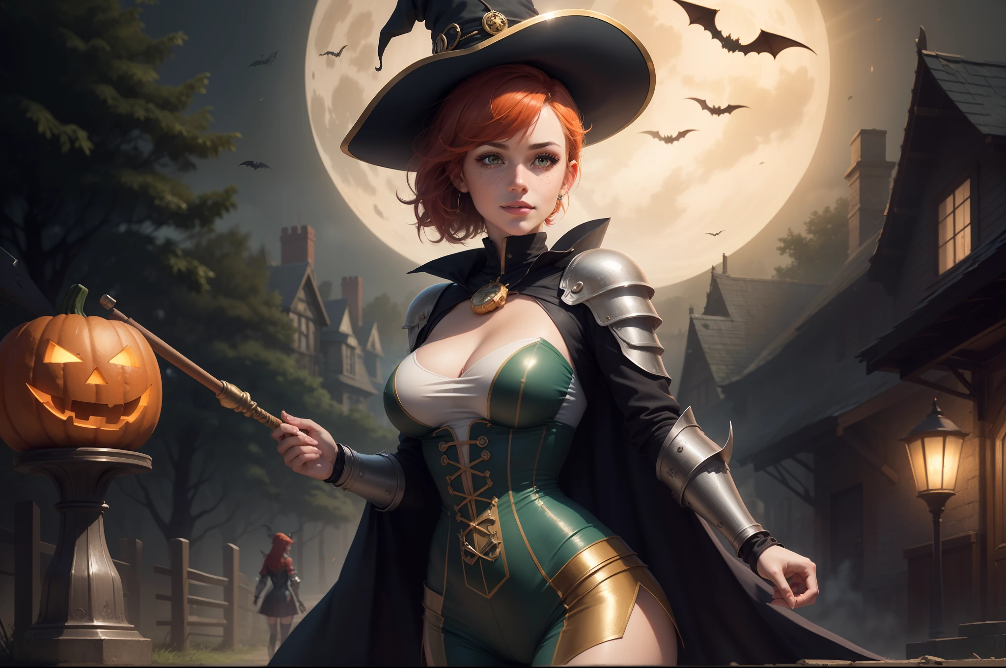 gwen tennyson,tracer,gogo tomago, rebecca chambers,dragon's crown, atelier ryza,1girl,close up,mecha pilot,halloween forest,gold and orange plugsuit,hair pin,pirate corset,silver long sleeve lycra top,steel leggings,short hair,cute makeup, green eyes,red and gold hair,shy smile, freckles,redhead,beautiful girl,large breasts,ultra detailed,realistic,fantasy art,bodycon dress,steel armor,halloween pumpkin,moonlight,witch cloak,neck and head jewelry,witch hat,witch staff,
