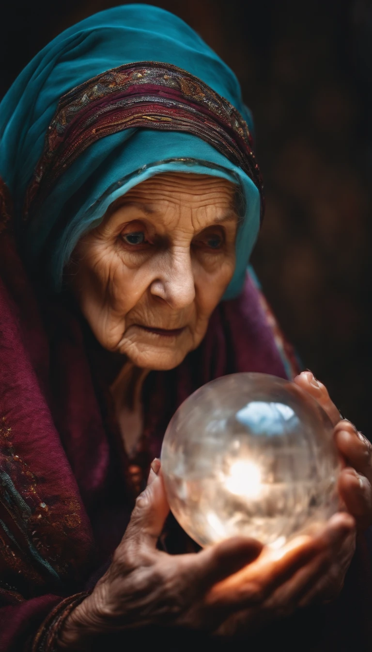 An old woman with a crystal ball and a cloth on her head