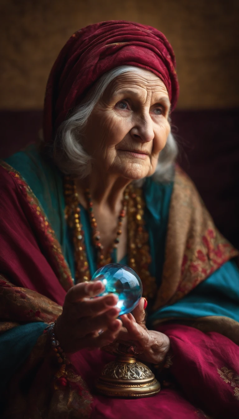 An old woman with a crystal ball and a cloth on her head