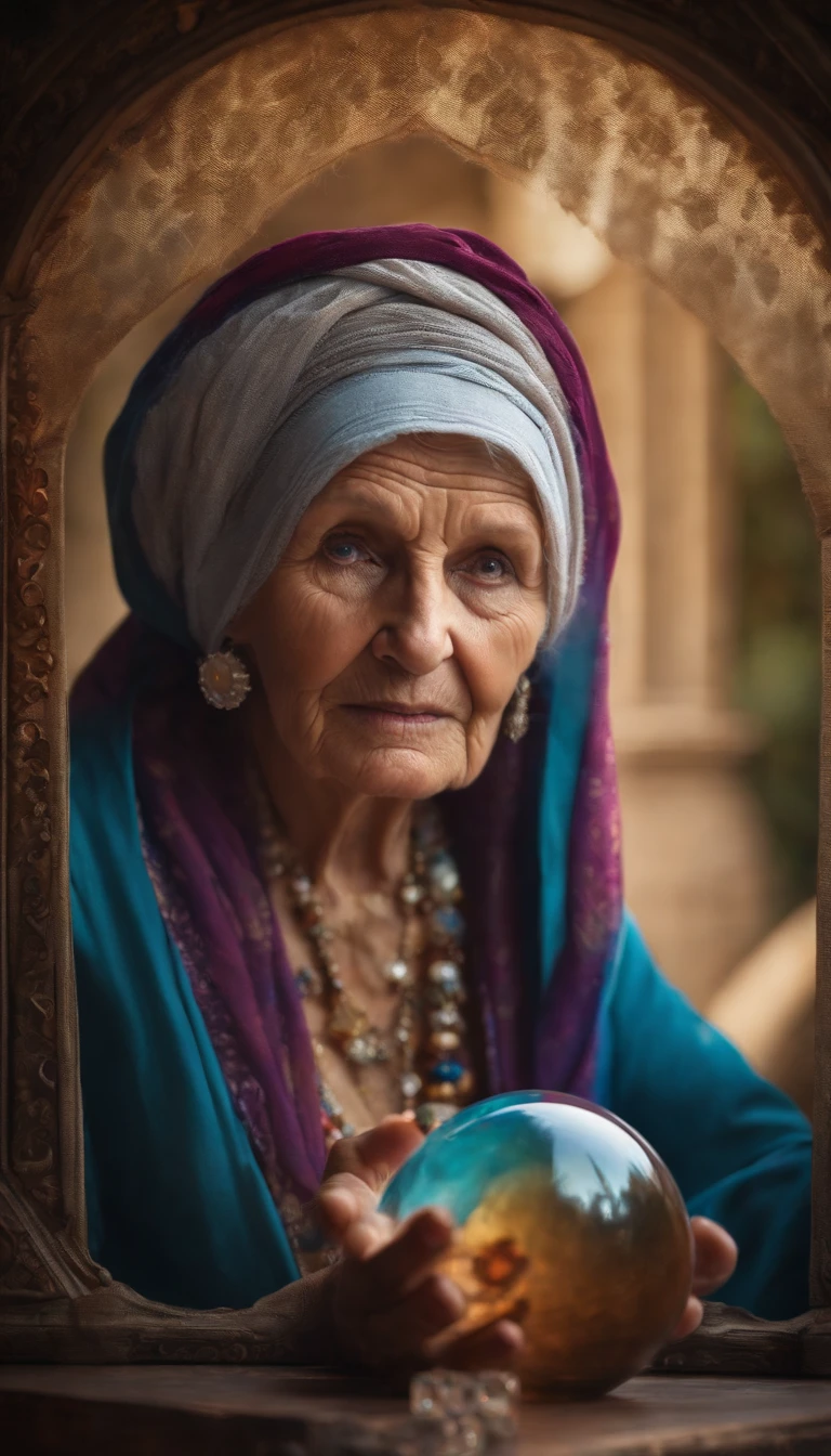 An old woman with a crystal ball and a cloth on her head