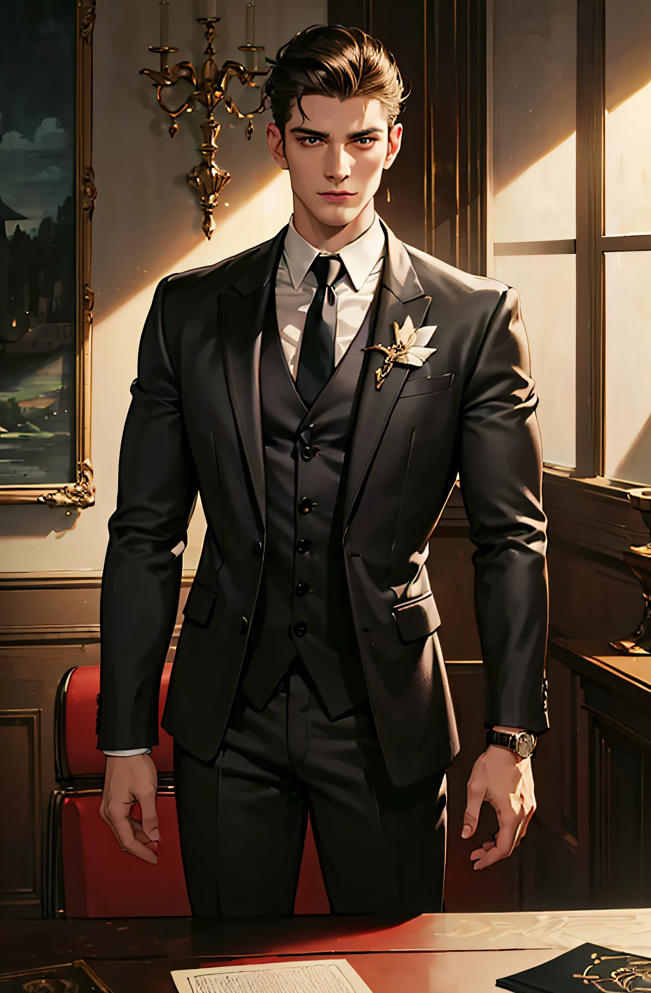 (Best quality, A high resolution, Ultra-detailed, Realistic:1.37), sportrait, A man facing a group of people, intense eye contact, Confident expression, Strong presence, Powerful gaze, Handsome features, chiseled jawline, fashion hair, neat beard, piercing eyes, Enchanted smile, fashionable attire, Tailor-made suits, crisp white shirts, Smooth tie, Polished shoes, High-end watches, Elegant accessories, A luxurious setting, Dimly lit room, Moody lighting, Dramatic shadows, Vibrant colors, Dynamic composition, Artistic brushstrokes, Oil painting style, masterful technique, Realistic textures, Fine details, depth and dimensionality, Cinematic atmosphere