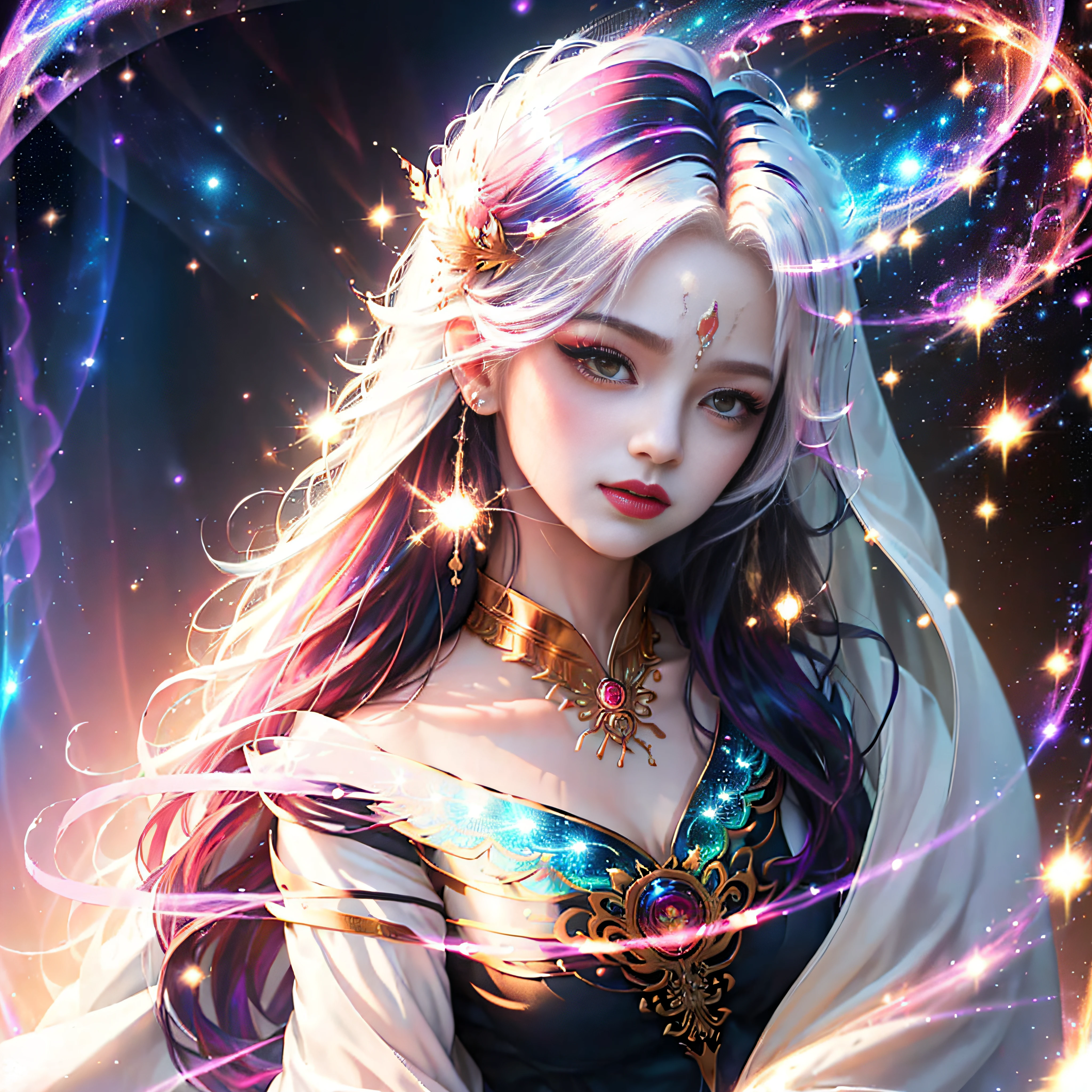 (masutepiece, of the highest quality, Best Quality, Official art, Beautiful and aesthetic:1.2), (1girl in), extremely detailed eye, (Fractal Art:1.3), Colorful, highest details, (Perfect face), Shiny skin, nffsw, (White cloak golden lines:1.2), Galaxy, (light streaks), striking visuals, (Dynamic streaks, luminous trails:1.2), Vibrant colors, (phoenix), (shenron) --auto
