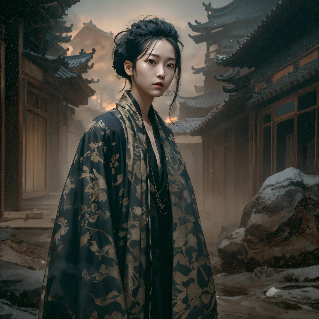 Side 32K,exteriors,Roof,People are small(tmasterpiece,k hd,hyper HD,32K)Long flowing glossy black hair,Tang dynasty complex,zydink, a color,Morning(canyons), (Linen batik scarf), Combat posture, looking at the ground, Linen bandana, Chinese python pattern long-sleeved garment, Morning(Abstract gouache splash:1.2), Dark clouds lightning background,sprinkling(realisticlying:1.4),Black color hair,The dust is blowing,Background fog, A high resolution, the detail, RAW photogr, Sharp Re, Nikon D850 Film Stock Photo by Jefferies Lee 4 Kodak Portra 400 Camera F1.6 shots, Rich colors, ultra-realistic vivid textures, Dramatic lighting, Unreal Engine Art Station Trend, cinestir 800,Flowing shiny black hair,(((National style building)))Full-body side