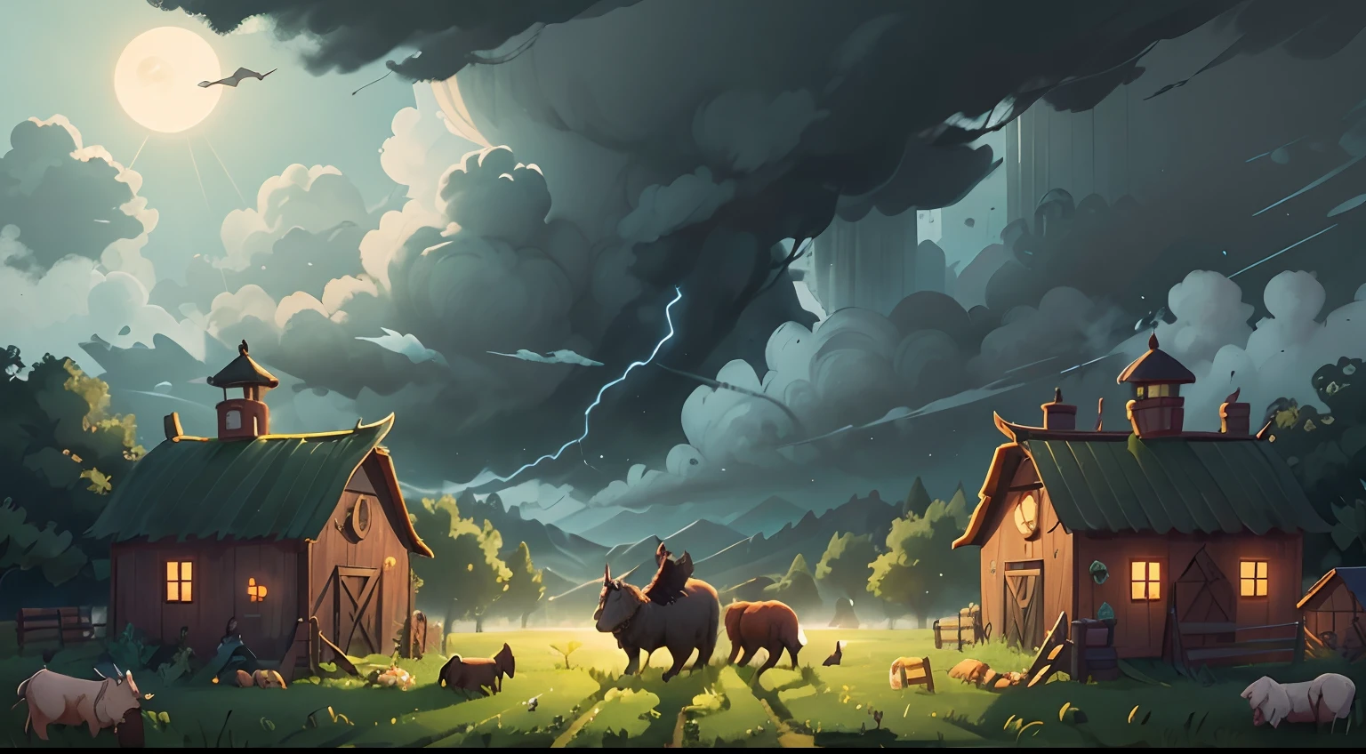 Contrast between the serenity of the farm and the sinister arrival of Barão, With dark clouds and darkness against the sun and light on the farm.