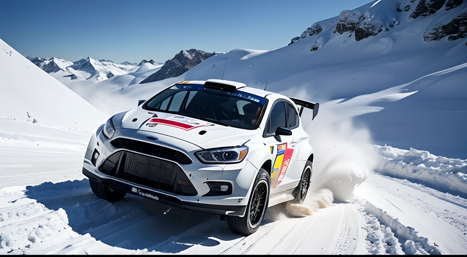 Best quality, Masterpiece, A high resolution,WRC Rally，Ford Rally Racing，Jump down high-speed slopes,Do not deform the tire drawing
