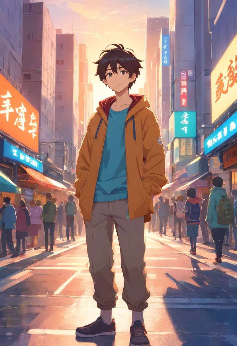 A boy, transformed into an anime style, with exaggerated unique facial features and clothing, standing on a bustling city street, backlit background highlighting the subject, high-contrast colors, 4K high-definition quality，young, smiling, handsome