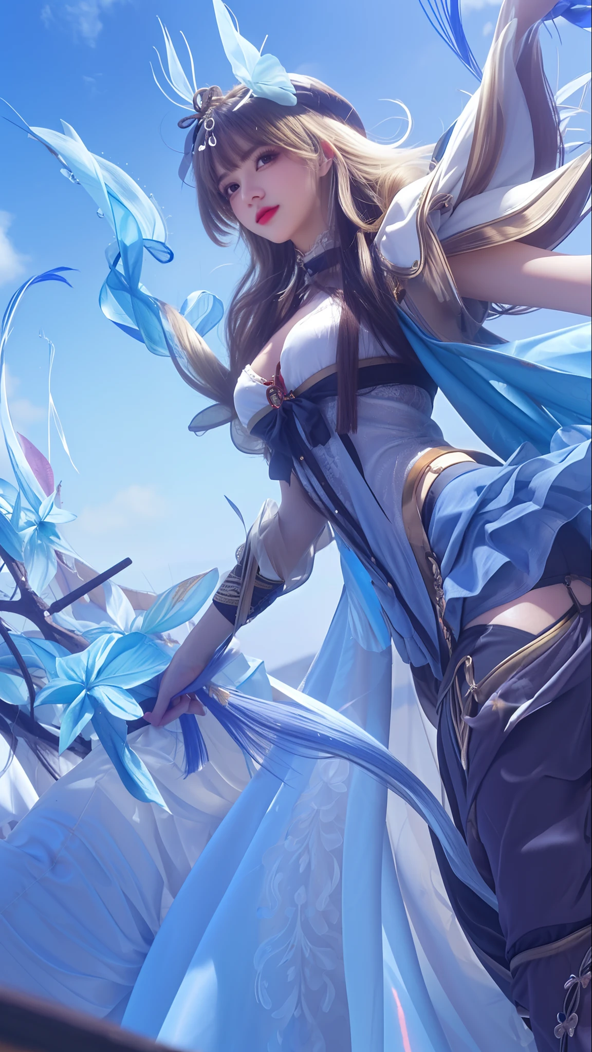 (8k, 4k, best quality, highres:1.2), (maasterpiece, realistic, photo realistic:1.37), 1girl, solo, beautiful face, eyelashes, nose, glossy lips, (detailed eyes, looking at viewer, fair skin, white skin:1.5), fine complexion, upper body, large breasts, busty,, (:1.5), outdoor onsen, two side up, absurdly long hair, blonde hair, pink hair, bangs, hair ornament, bow, younger, aged down