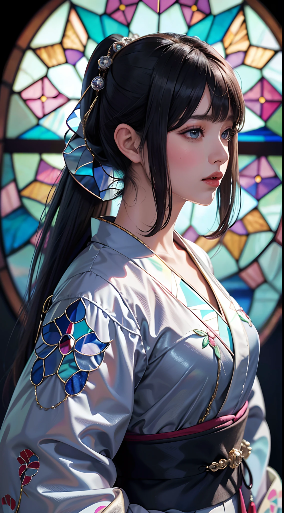 rococo,Background of details(chies:1.1(stain glass:1.2)),BREAK,elaborate costume{Luxury kimono(Colorful kimono(detailed embroidery,))},BREAK,1womanl(Beautiful and classy adult woman(Japanese actressl:1.2)(glossy dark hair(poneyTail:1.2))), Blake Wallpaper 16K,Blur the background,(masutepiece:1.5), (Best Quality:1.5),(Portrait photos:1.5),full body Esbian