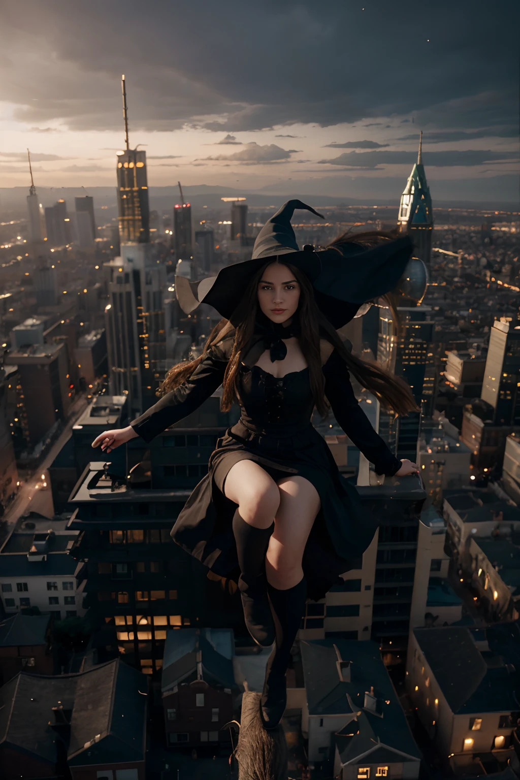 a young witch with long hair is flying on a broom over the city, black dress, disney style, high resolution, fine details, studio light, 8k, octane rendering