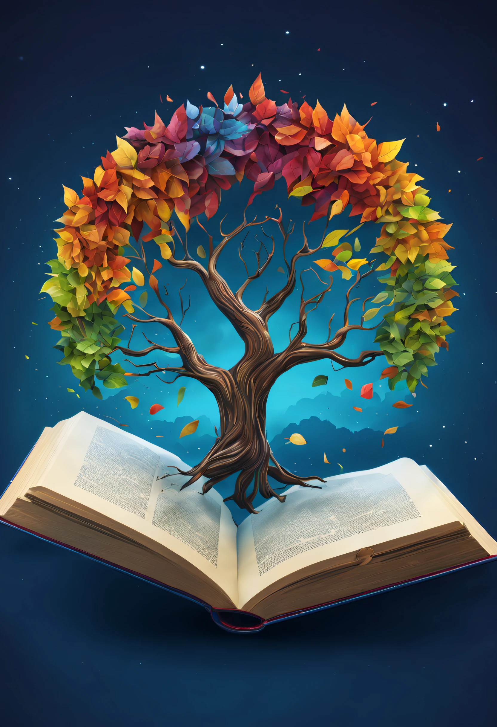 Generate a circular logo with a tree with multicolored leaves sprouting from a closed book, con un fondo de cielo azul. Apply an abstract and modern art style with a symmetrical composition. Set the scene in a mysterious and magical environment. Describe the image by focusing on harmonious color schemes and emphasizing texture details.