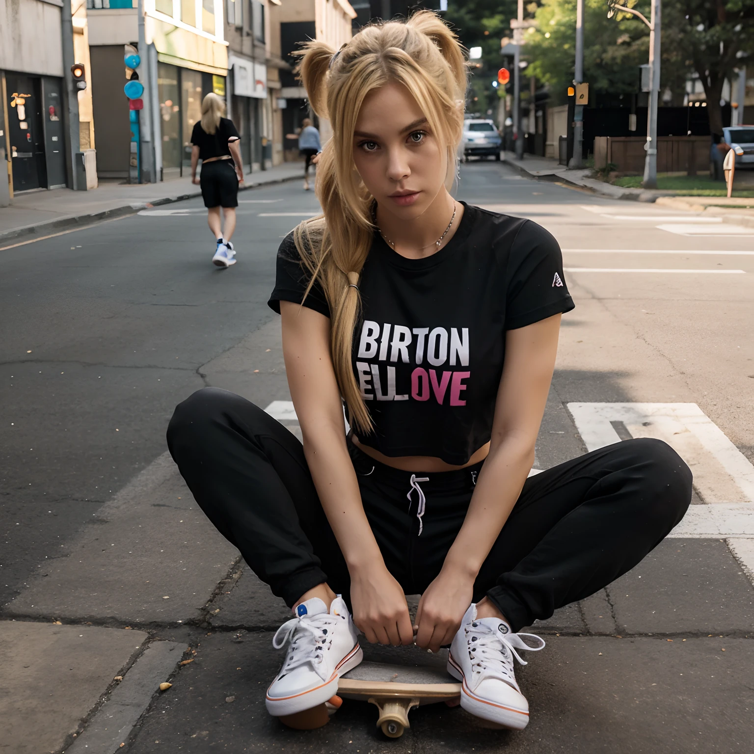 skateboard Black tight t-shirt a blond Realistic Beauty Twin-tailed Neon Street shortpants Converse High Cut Shoes