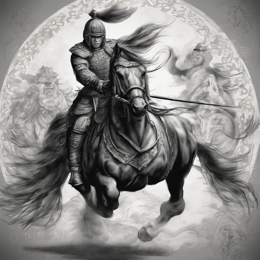 (best quality,4k,8k,Altas,master part:1.2),ultra-detalhado,(Realistic,fotorrealista,photo-realistic:1.37),Chinese general,estilo de arte tradicional,uniformes ricamente coloridos,vivid and dynamic brushstrokes,Ancient battlefield scenery,warrior spirit,armadura ornamental e capacete,Symbolic horse,commanding presence,courageous expression,heroic posture,historic portrait,proud and noble features,estilo de pintura de tinta e lavagem,finely detailed facial features,dynamic compositing,estatura imponente,Strategic map of the battlefield,olhar forte e confiante,Fierce determination,explosion energy,bandeira de guerra antiga,ambiente nebuloso,Luz do sol dourada iluminando a cena,caligrafia chinesa tradicional no fundo,Authentic battle scene,attention to historical accuracy,dynamic movement,Commanding the army from a distance,Montanhas majestosas como pano de fundo,Impressive battle formation,Experience in martial arts and proficiency in weapons,Wisdom and Leadership,aura de autoridade,atmosphric perspective,dramatic lighting,Lenda Heroica,Classical Chinese metaphor,Strong sense of tradition and cultural heritage