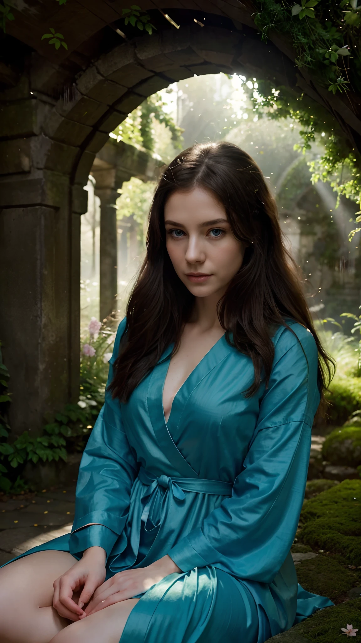 best quality,ultra-detailed,realistic:1.37,portrait,Moira,beautiful blue eyes,detailed face,peaceful expression,bold head,slim athletic body,sitting in meditation pose,long flowing robes,faint sunlight filtering through the trees,serene atmosphere,lush greenery,surrounded by blooming flowers,moss-covered stone path,tranquil garden setting,hints of morning mist,vibrant color palette,delicate brushstrokes,harmonious composition,subtle shadows and highlights,symphonic harmony of light and dark,ethereal and serene ambiance,meticulously rendered details.