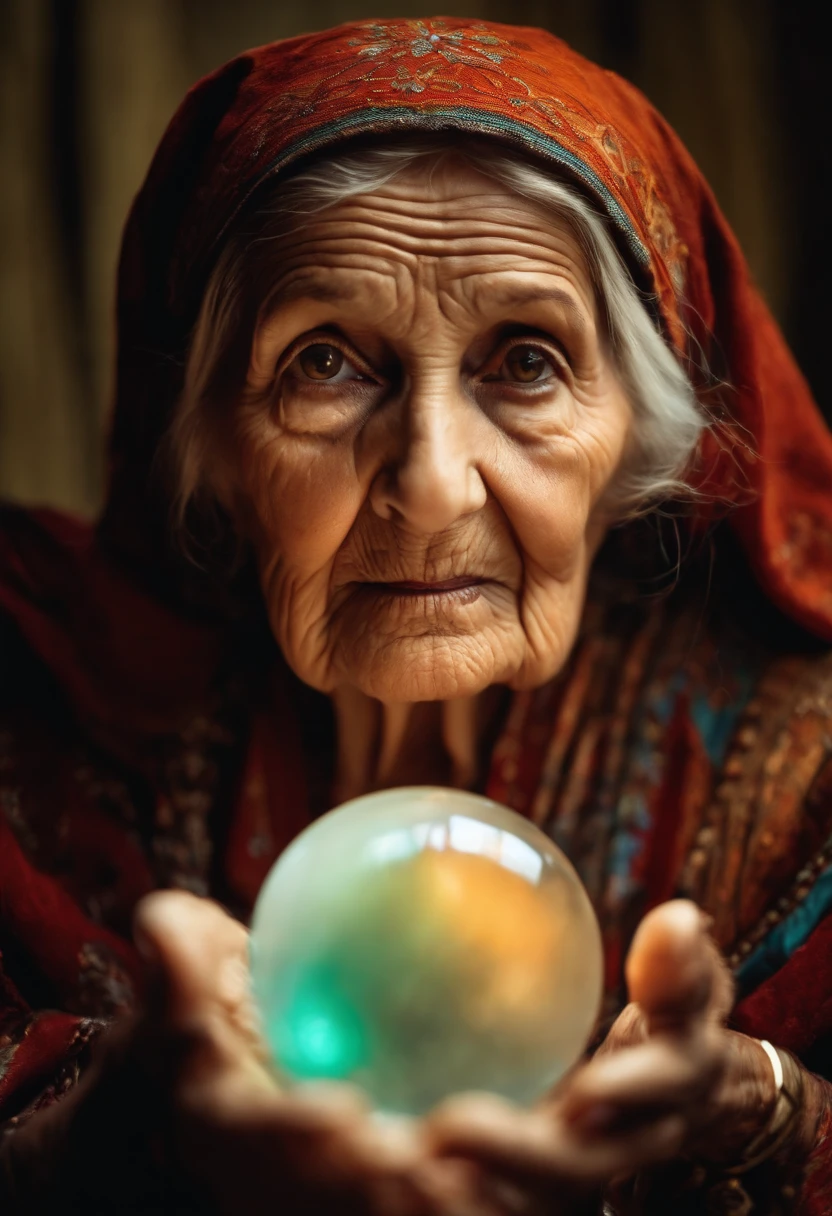 An old woman with a crystal ball looking at camera