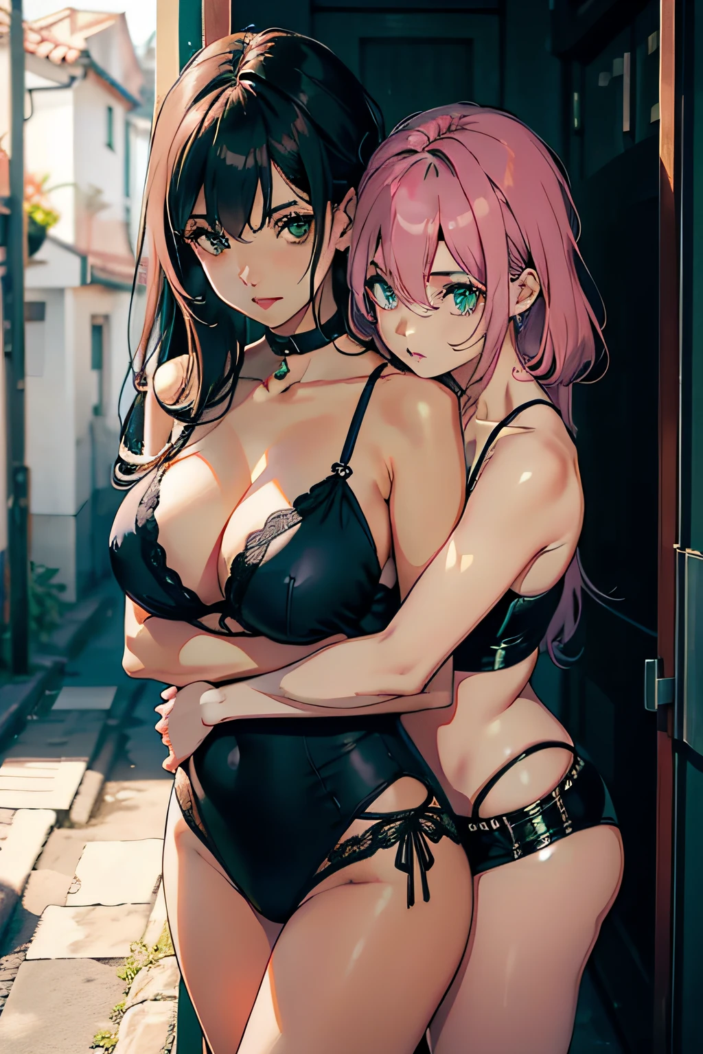 Casais femininos e femininos sentada em uma cadeira usando um biquini bem curto e preto, cabelos rosa e longos, maria chiquinha, olhos azuis, lindissíma, fofa。Girls hugging each other from behind。Meninaquini, Shy, vermelha, loira, sexy, de olhos verdes, lindissíma