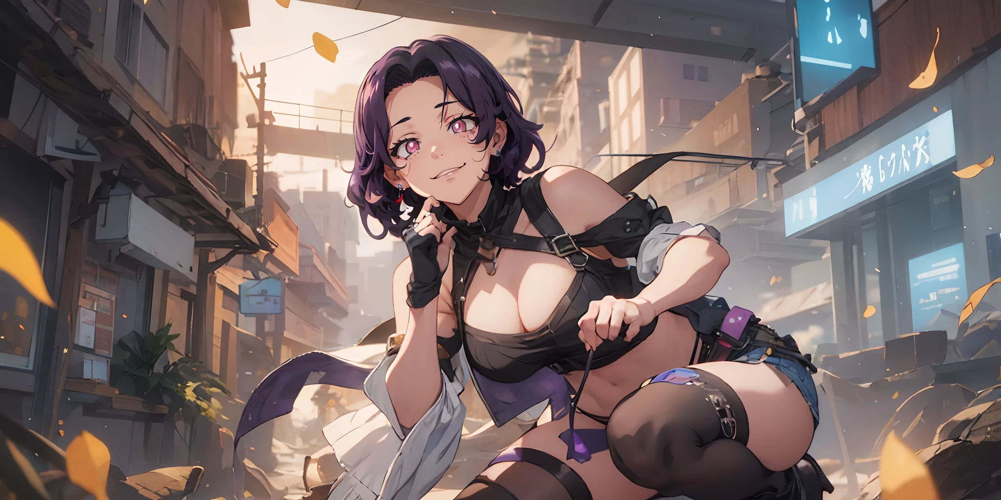 hamaoka_azusa, purple eyes, (purple hair, short hair:1.6), 1girl, thighhighs, cleavage, squatting, gloves, looking_at_viewer, black_legwear, thighs, solo, animal_ears, fingerless_gloves, boots, black_gloves, high_heels, glow effects, godrays, Hand drawn, render, 8k, octane render, cinema 4d, blender, dark, atmospheric 4k ultra detailed, cinematic, Sharp focus, big depth of field, Masterpiece, colors, 3d octane render, 4k, concept art, trending on artstation, hyperrealistic, Vivid colors, extremely detailed CG unity 8k wallpaper, trending on CGSociety, Intricate, High Detail, dramatic"",