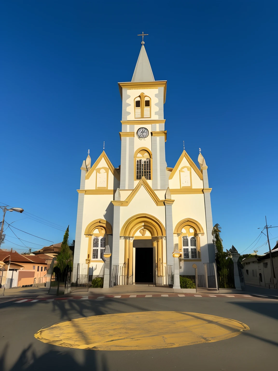 White and yellow church with a clock tower on a sunny day, catedral da igreja, catedral, igreja, Beautiful image, tirado no iphone 14 pro, Igrejas, Vista frontal, imagem profunda, em Chuquicamata, vista da rua, vista externa, centro, Chile, imagem limpa, tirado no iphone 1 3 pro, altamente ornamentado