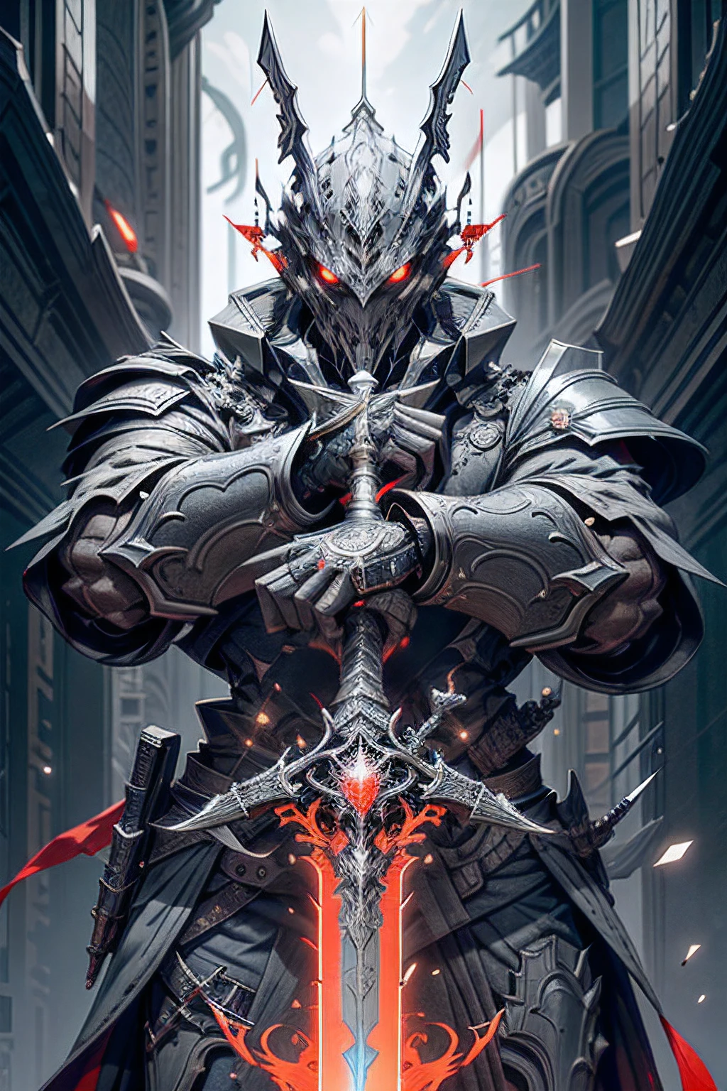 "Original photo with dark fantasy and cyberpunk vibe, Features a powerful fusion of a large revolver and a sword wielded by the Red,With 1.1x accent, Create sharp contrasts. The composition represents a mechanical marvel with the presence of robots, Evoke the essence of the guardians of cybernetics."