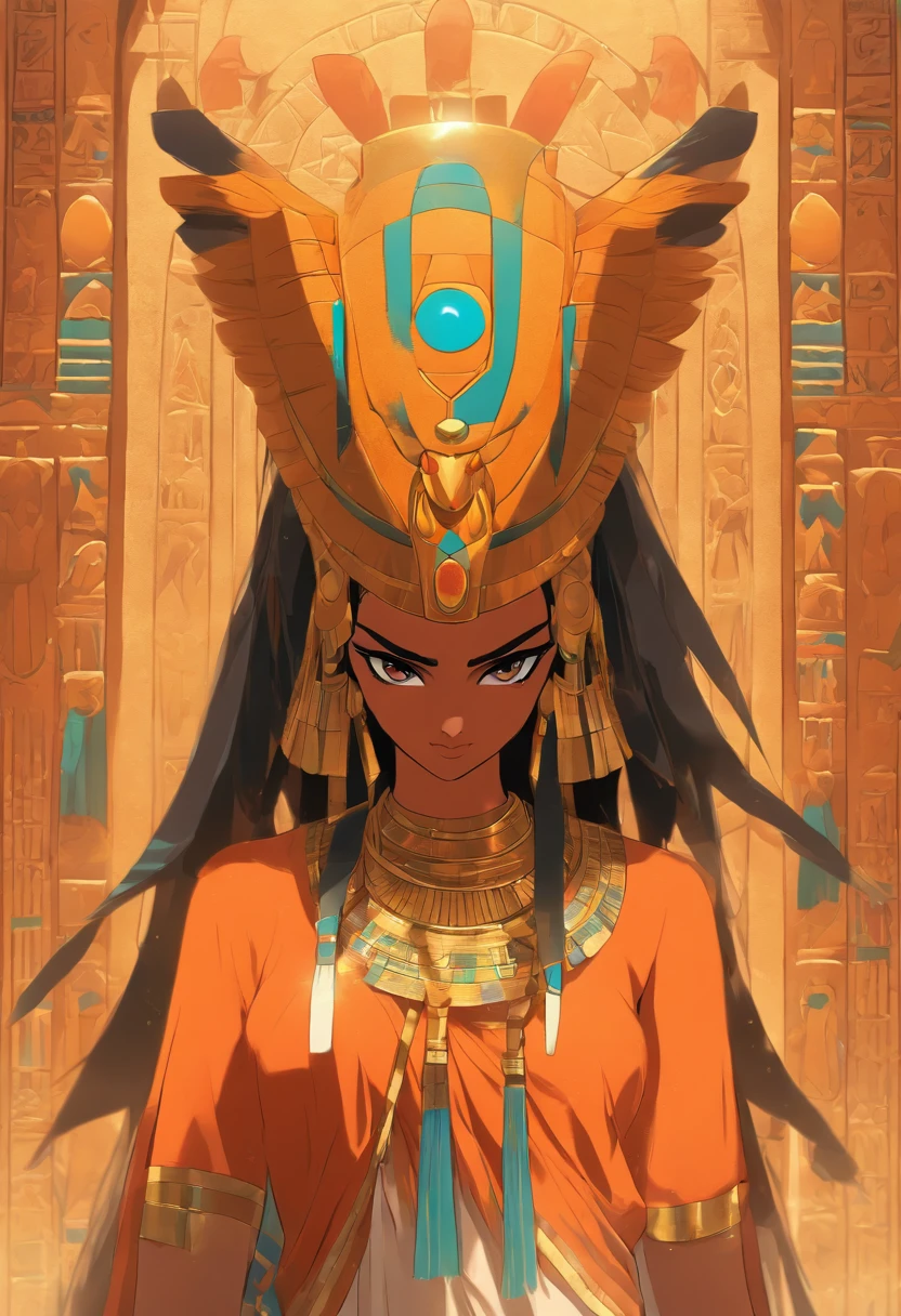 ((Hathor feather adornment))) best quality, very high resolution, 4K detailed CG, masterpiece, Egyptian mythology,Maat,woman, Ancient Egypt, standing pose, orange clothes, Egyptian clothes, desert, Ancient Egypt, ((standing pose)), Egyptian palace, aesthetics, beautiful image, centered on screen, full body