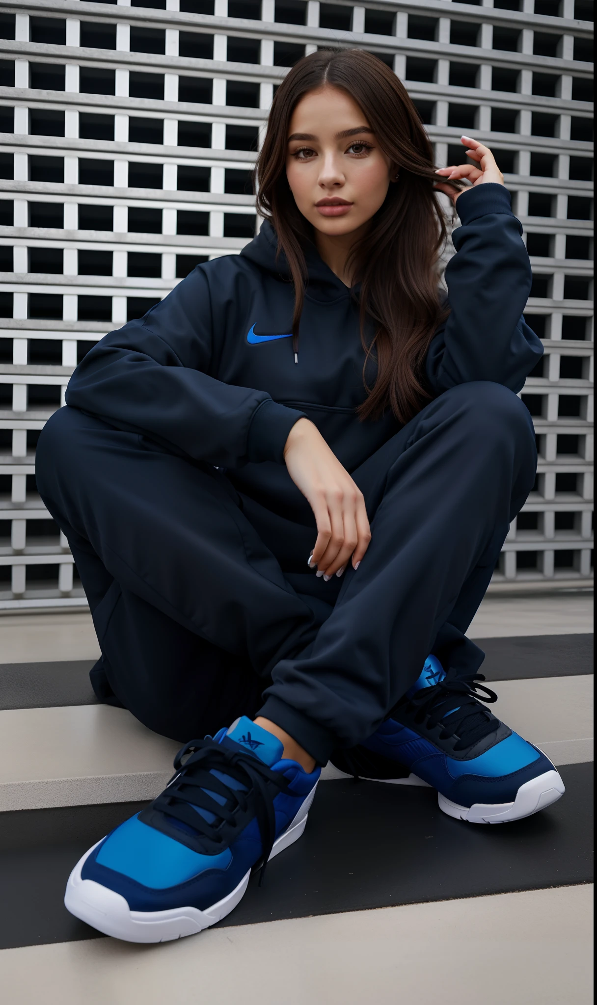 Arafed woman sitting on the floor in a black and blue outfit, preto e azul, azul e preto, sneaker photo, blue footwear, Fotografia de uma mulher techwear, 2 mulheres techwear, Retrato Sophie Mudd, wearing a tracksuit, Azul escuro e nas proximidades, Retrato no meio da foto, wearing a track suit, Estilo de Julia Razumova, sneaker