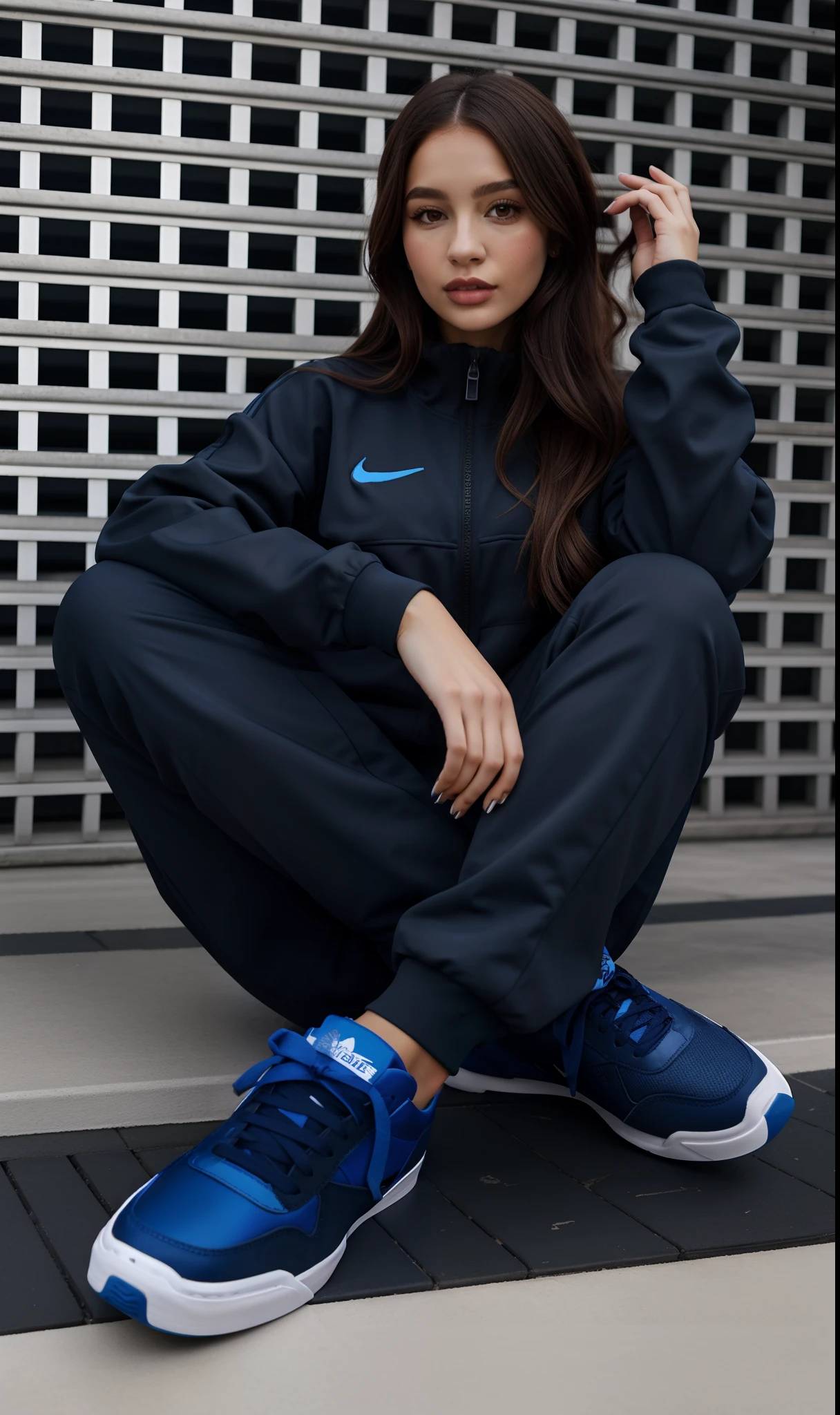 Arafed woman sitting on the floor in a black and blue outfit, preto e azul, azul e preto, sneaker photo, blue footwear, Fotografia de uma mulher techwear, 2 mulheres techwear, Retrato Sophie Mudd, wearing a tracksuit, Azul escuro e nas proximidades, Retrato no meio da foto, wearing a track suit, Estilo de Julia Razumova, sneaker