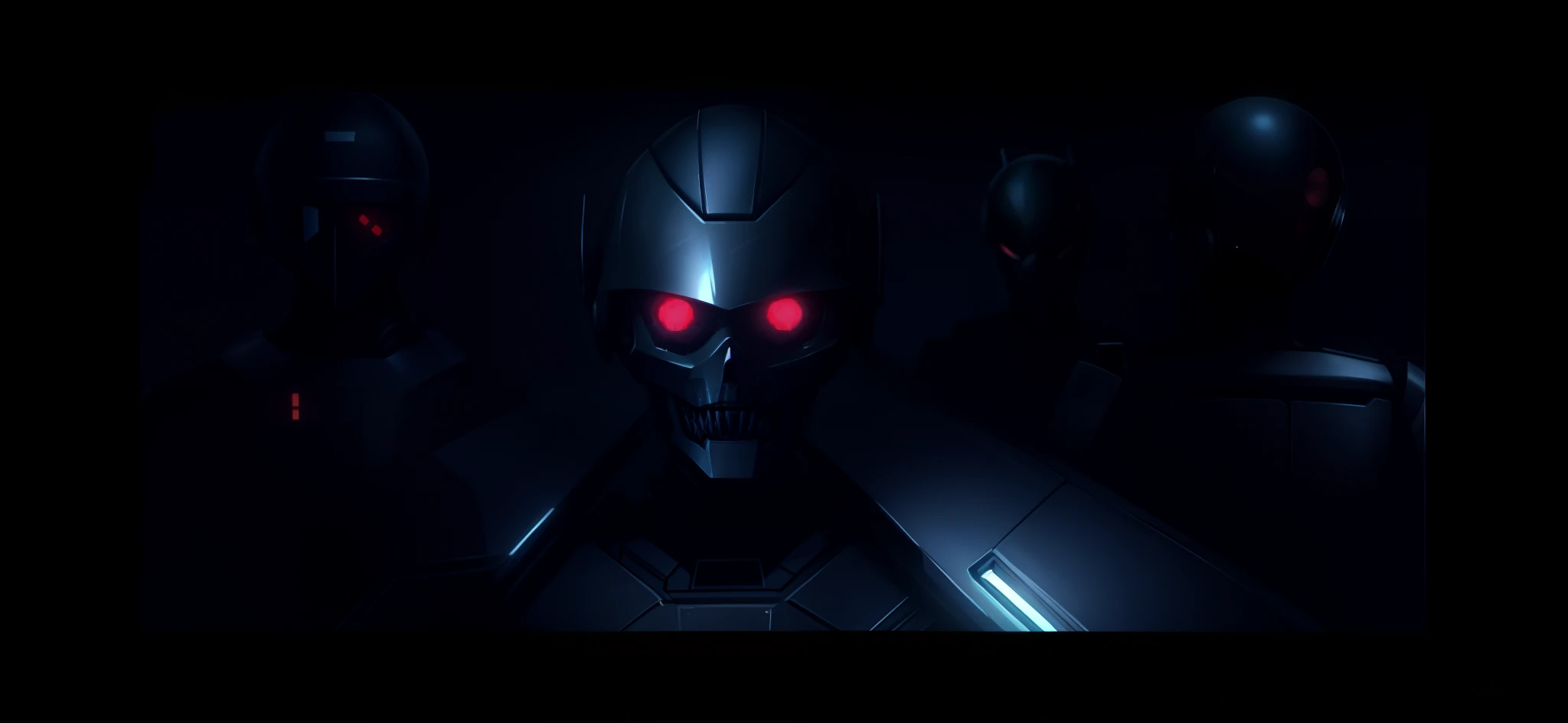 Close-up of people wearing helmets and helmets, love death and robots, Glowing Eyes in Helmet, movie still of a villain cyborg, evil robot, death and robots two in the void, death + robots series of netflix, movie still of a cool cyborg, Death and robots, metal and glowing eyes, Love Death + droid, helghast