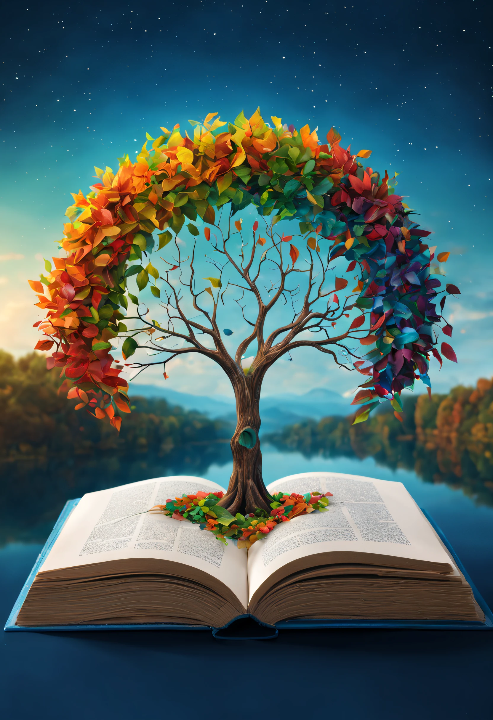 Generate a circular logo with a tree with multicolored leaves sprouting from a closed book, con un fondo de cielo azul. Apply an abstract and modern art style with a symmetrical composition. Set the scene in a mysterious and magical environment. Describe the image by focusing on harmonious color schemes and emphasizing texture details.